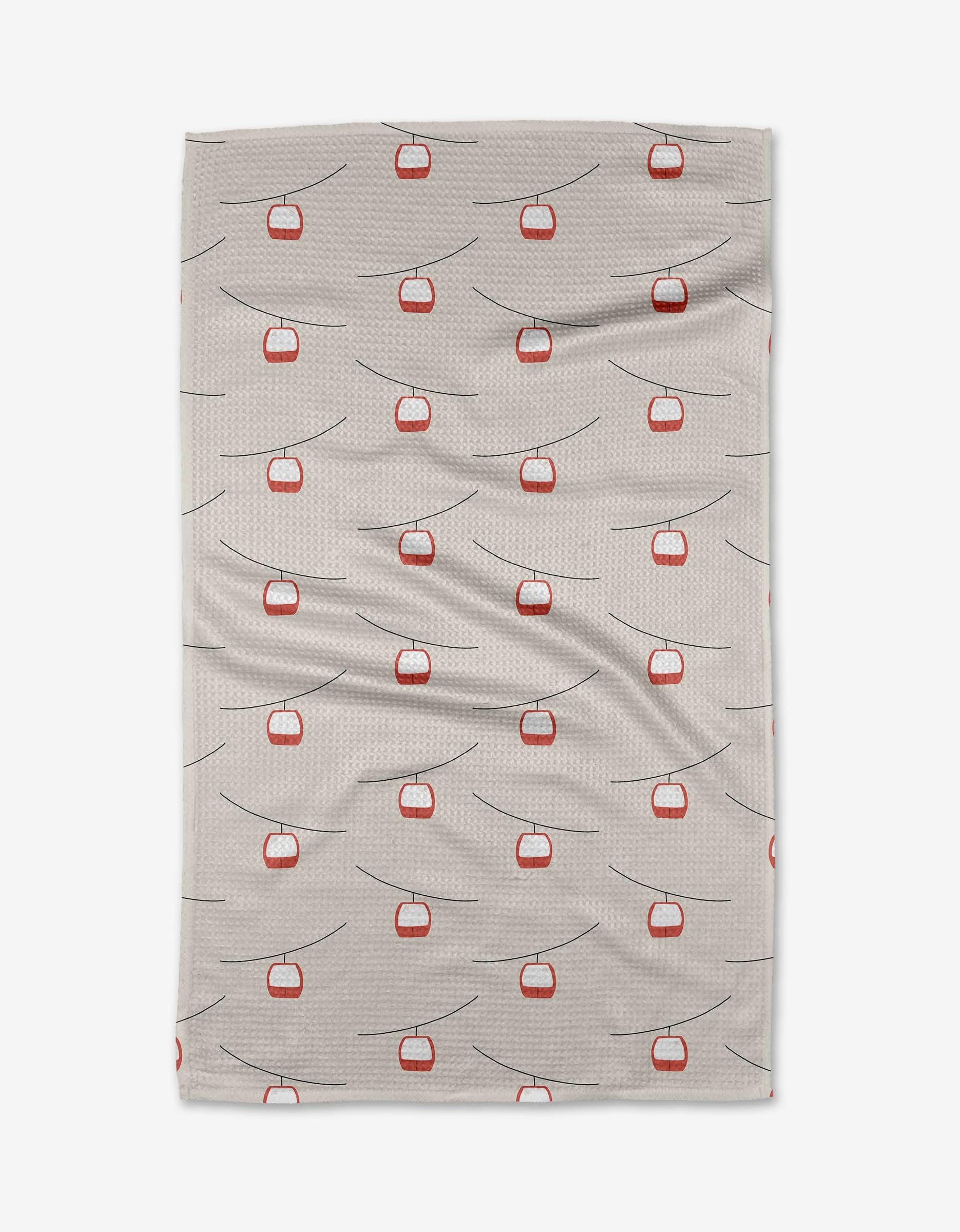 The Gondolas towel by Coit Creative, made from ultra-absorbent Geoweave fabric, features a beige background with small red and white cable cars connected by black lines, resembling a ski lift pattern across its surface.