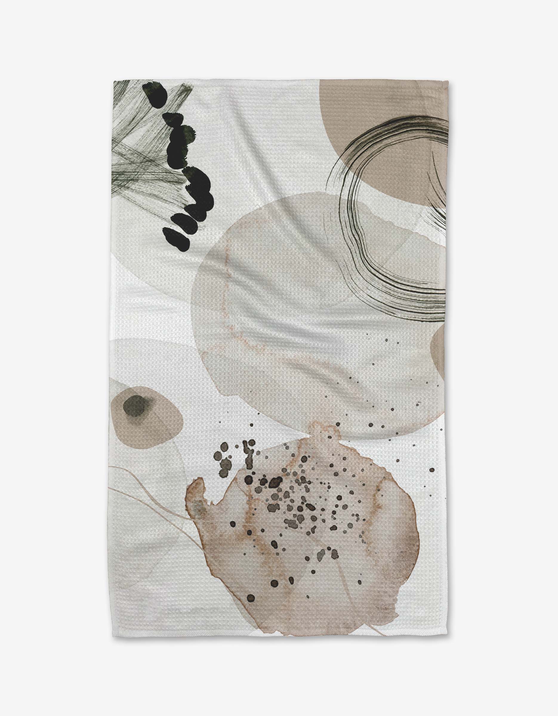 The Hayden Abstract tea towel by Kailee Wright features beige and brown watercolor shapes, black brush strokes, and dots on white Geoweave fabric. Ultra-absorbent, it blends organic forms with a minimalistic, artistic style.