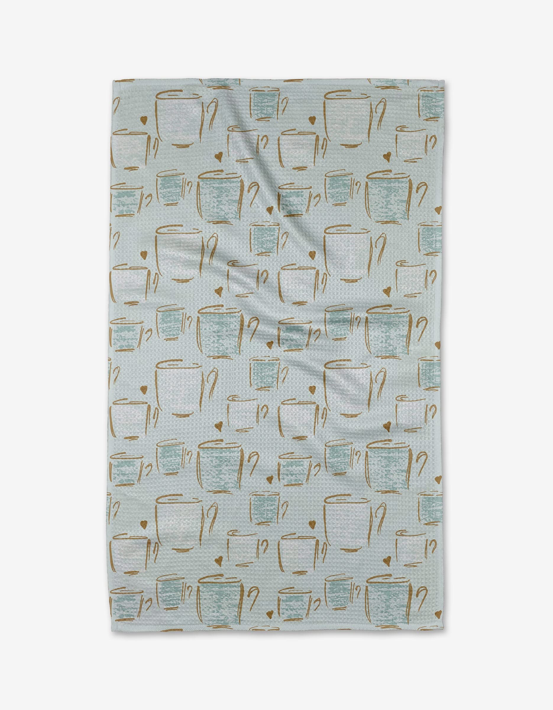 The Holiday Cafe blanket by Toboggan Avenue is light blue with hand-drawn beige coffee mugs and question marks in various sizes, all crafted from recycled materials.