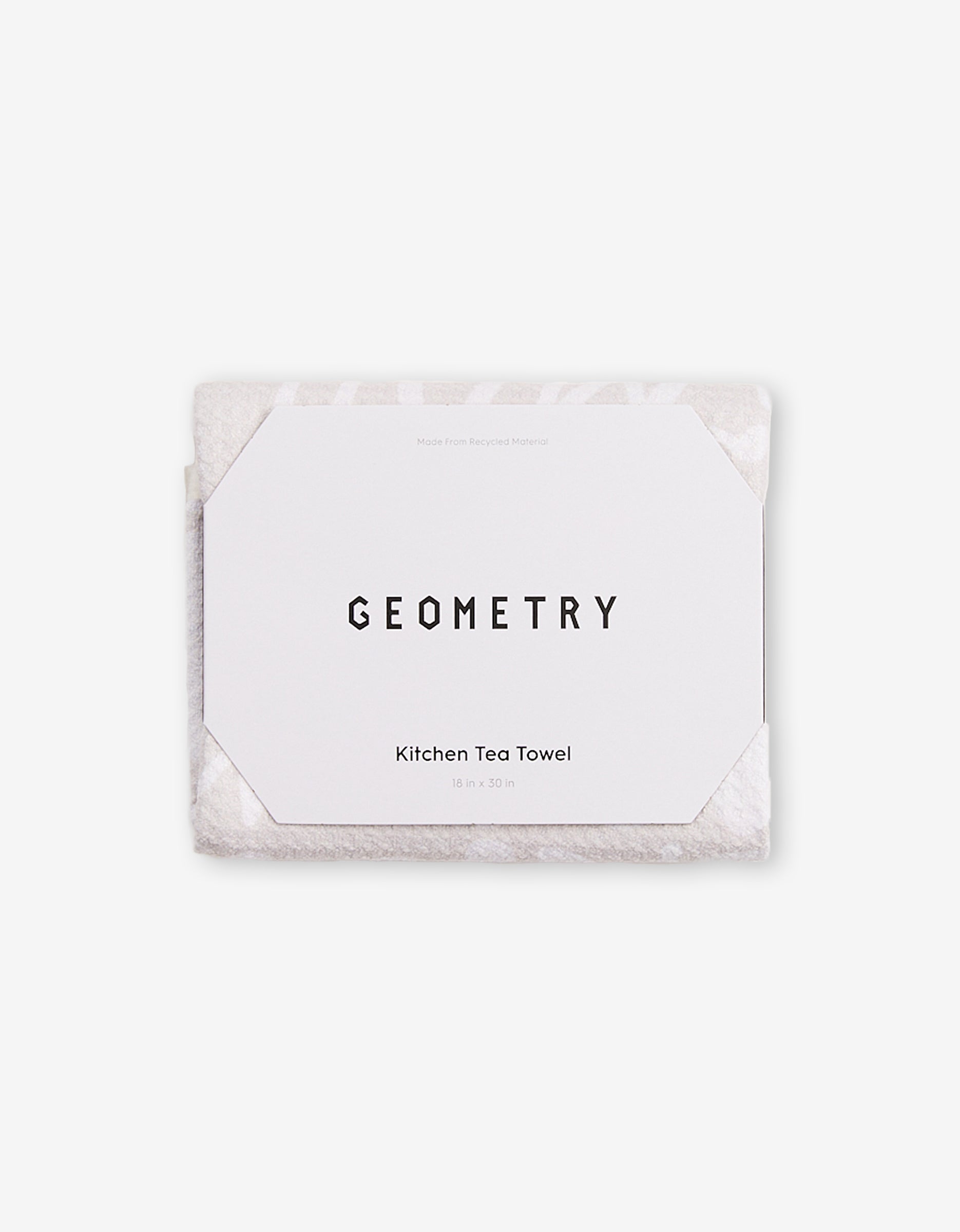 A folded white GEOMETRY Mom kitchen tea towel, made of ultra-absorbent Geoweave fabric with a geometric paper label reading GEOMETRY and Mom Kitchen Tea Towel 18 in x 30 in, displayed on a plain white background.