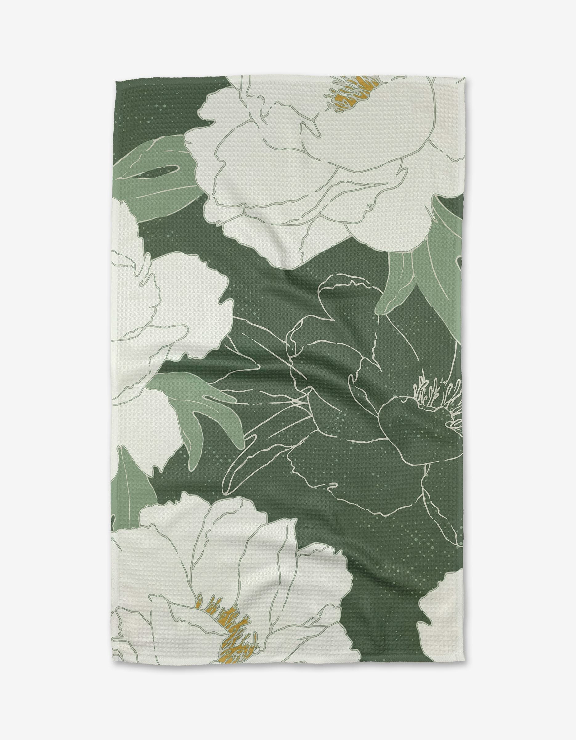 A green and white My Dear Itoh Tea Towel by Ashley Celena, featuring a large floral pattern with outlined white flowers, yellow accents, and ultra-absorbent textured Geoweave fabric.