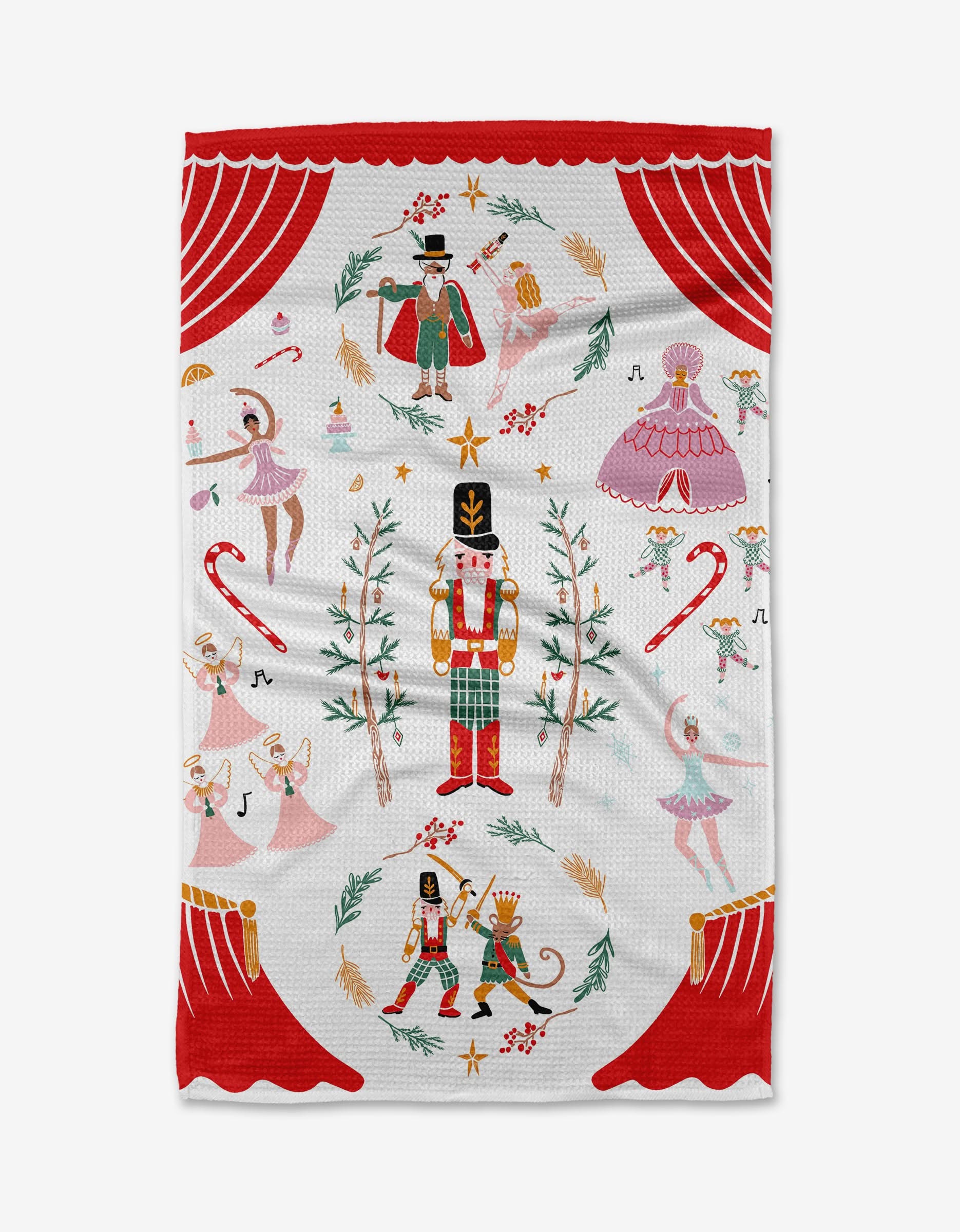 Add festive flair to your kitchen with Elisabeth Wing’s Nutcracker tea towel—featuring Nutcracker soldier, ballerinas, mouse king & candy canes on a stage-like red curtain backdrop. Made from quick-drying, recycled materials for a sustainable holiday touch.