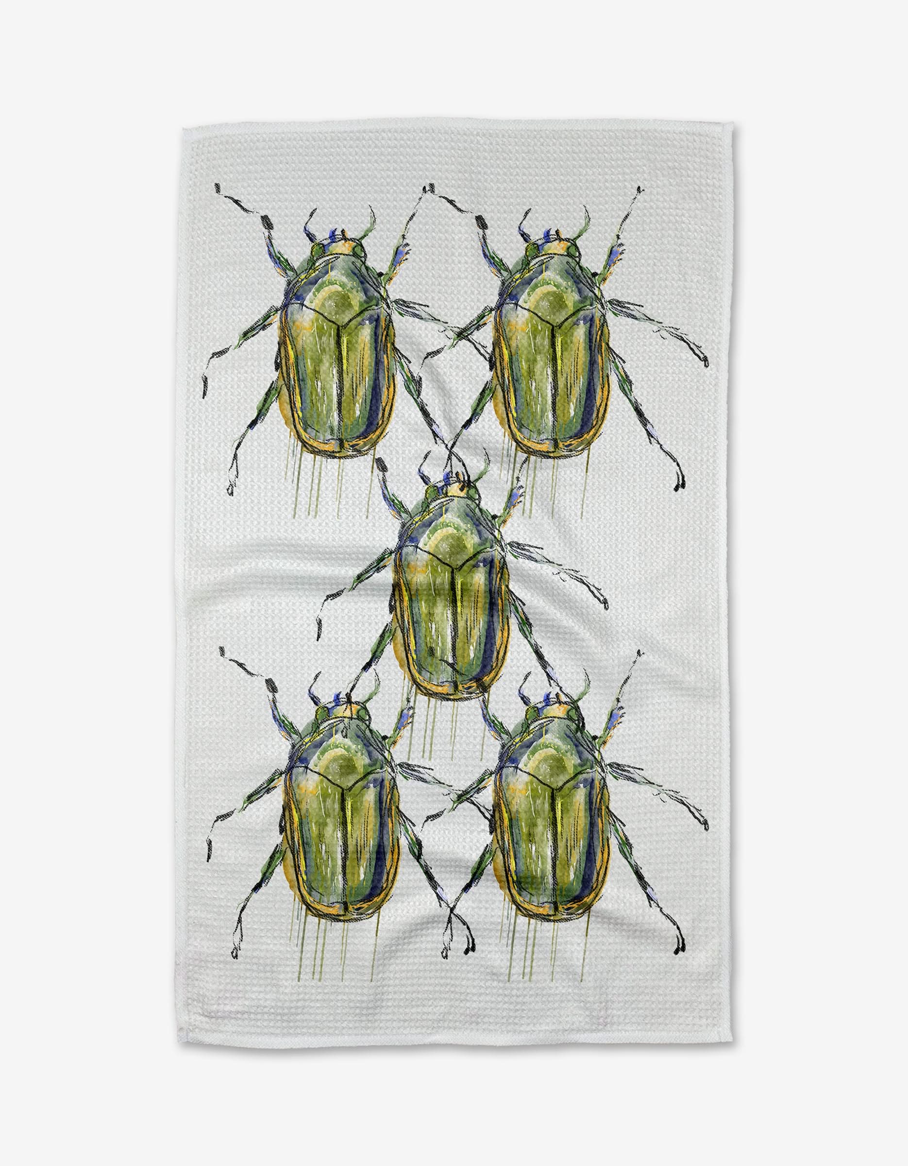 The Olive Beetles tea towel by Taryn Brennan is made from white Geoweave™ fabric and features five large, green beetles with detailed legs and antennae arranged in a loose grid.