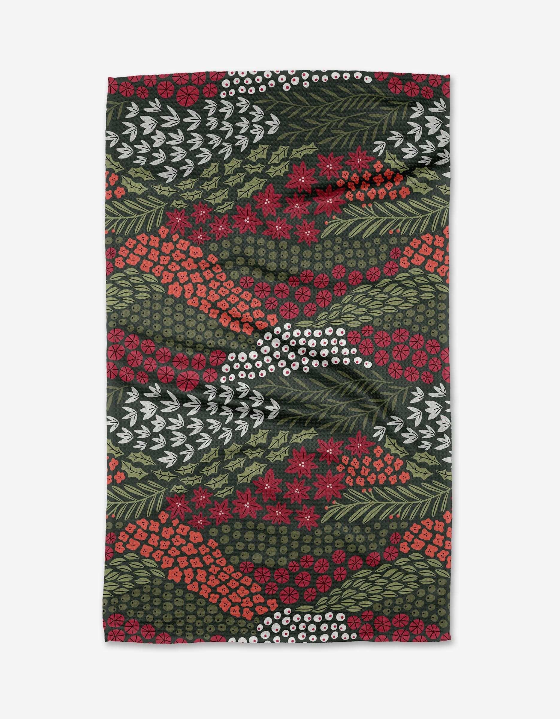 The Paloma Tea Towel by Amy MacCready features an intricate red, white, and orange floral and leaf pattern on a dark green and black background, arranged in wavy bands on ultra-absorbent Geoweave fabric.