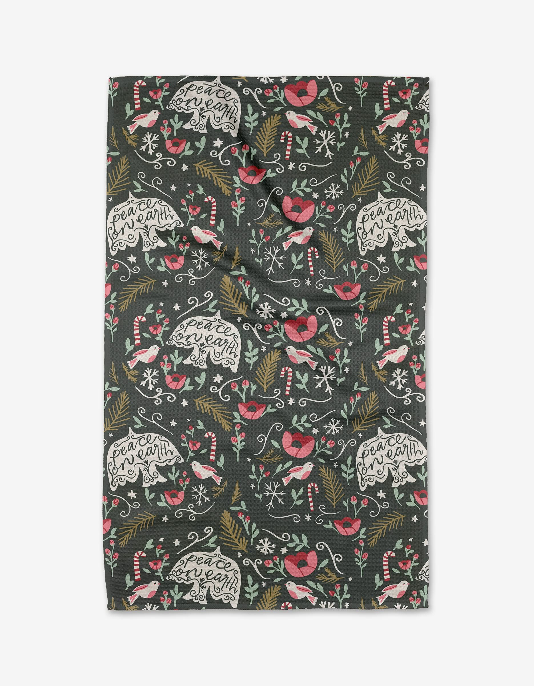 The “Peace on Earth” kitchen towel by Janna Sue Design is a dark-colored, eco-friendly towel with festive bears, birds, candy canes, hearts, holly, leaves, and flowers in red, white, green, and gold.