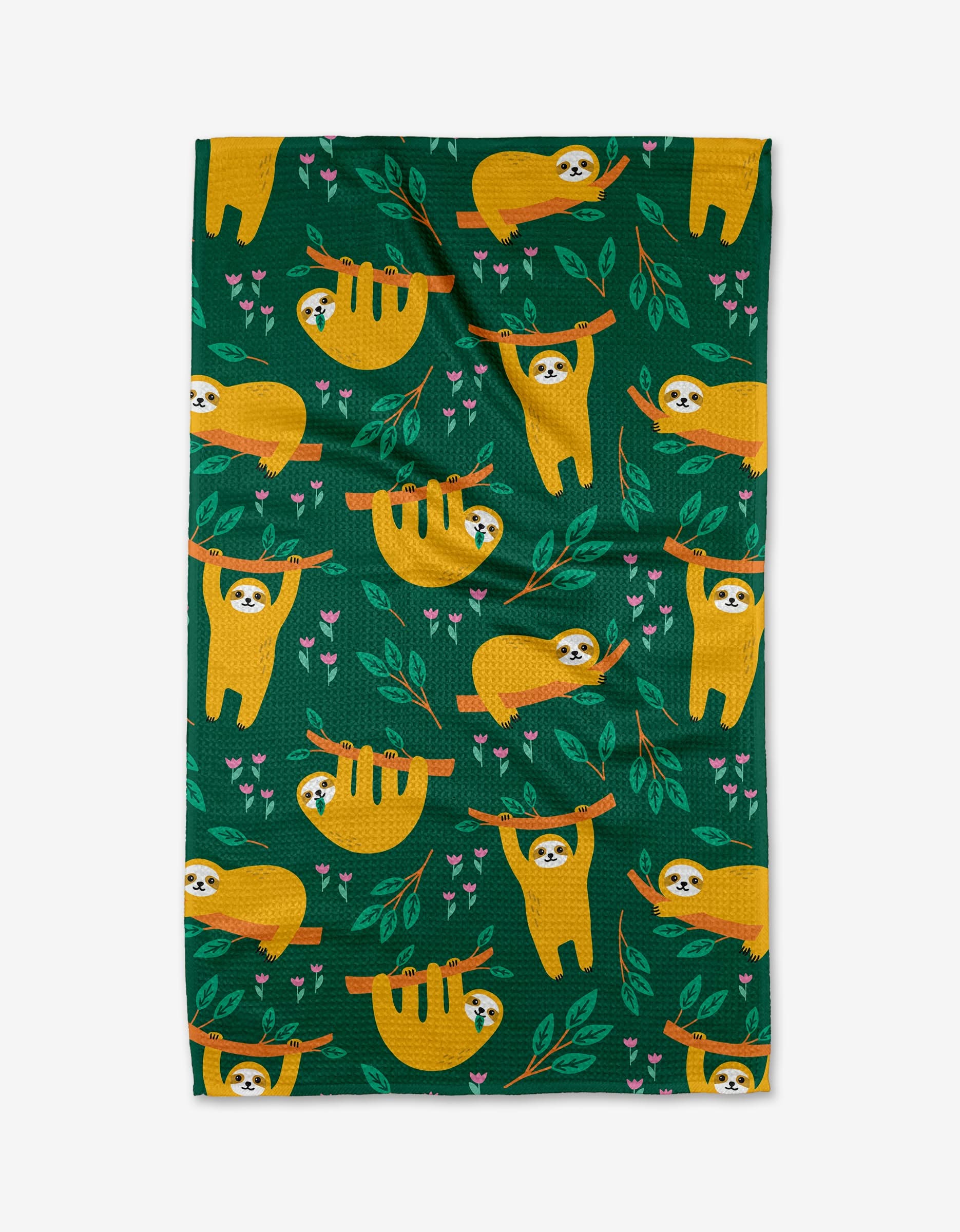 The Sloths tea towel by Genna Blackburn features cartoon yellow sloths among branches, tulips, and green leaves on a green eco-friendly background. Made from ultra-absorbent Geoweave™ fabric for top performance.