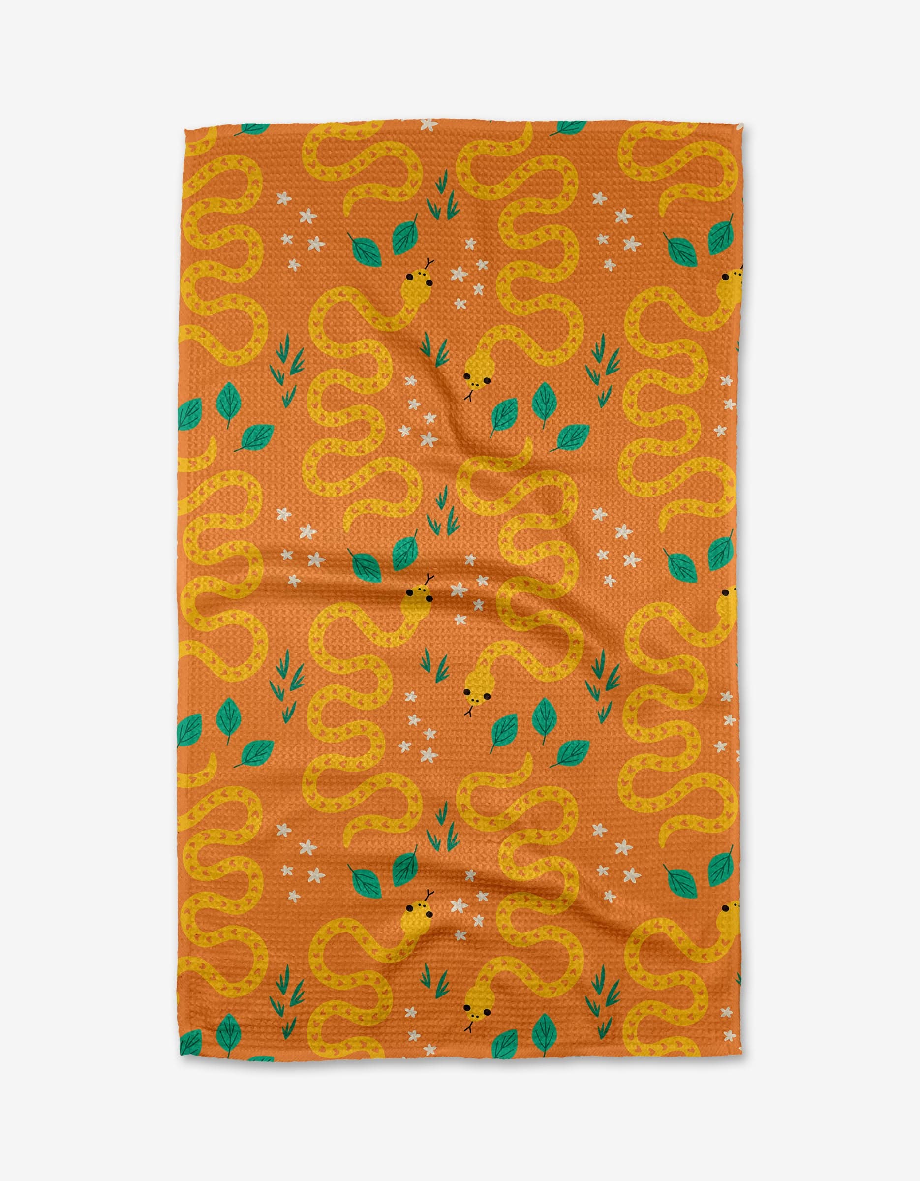 Add vibrant charm to your kitchen with Genna Blackburns Snakes tea towel, featuring yellow snakes, green leaves, and white stars on a solid orange background. Quick-drying and stylish—a must-have kitchen essential.