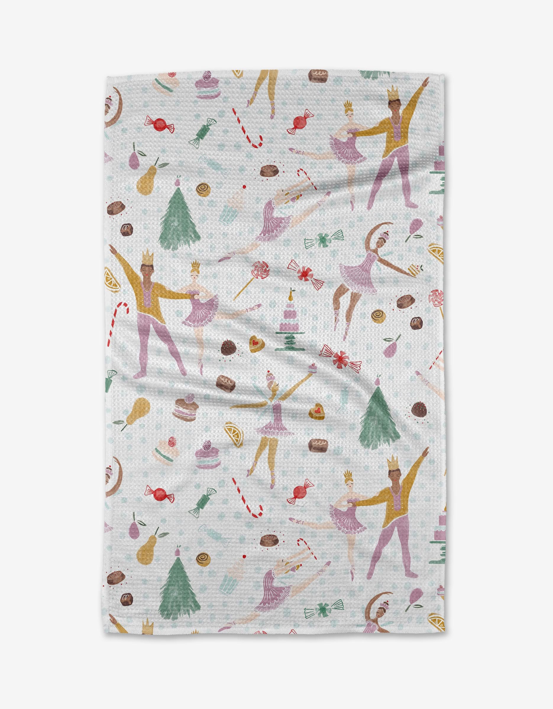 The Sugar Plum Fairy blanket by Elisabeth Wing features Nutcracker-inspired ballet dancers, the Nutcracker, candy canes, and sweets in pastel colors—crafted from recycled materials for a cozy, eco-friendly feel.