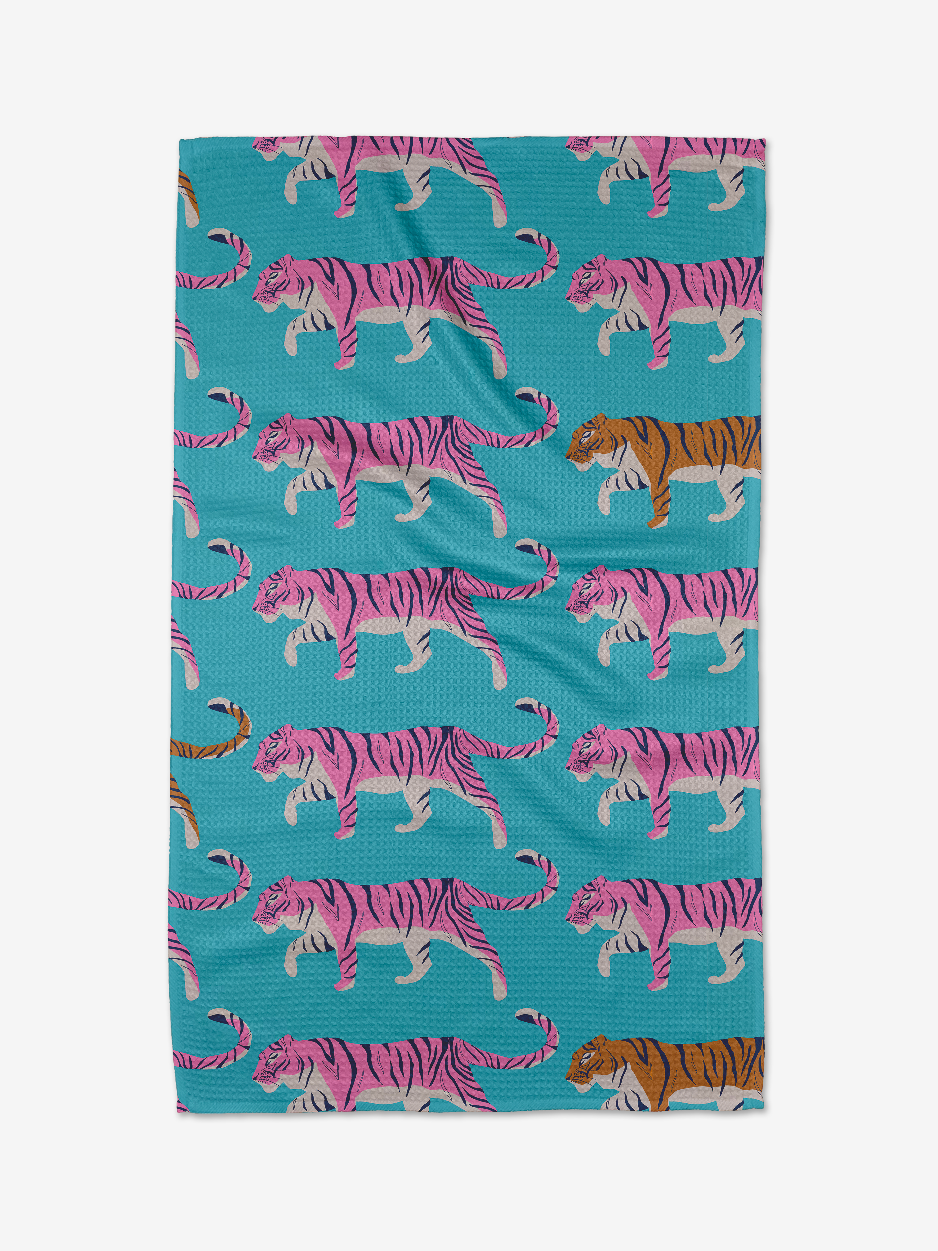 The Big Cats Kitchen Tea Towel by Julianne Haness showcases rows of pink tigers with purple stripes on teal fabric, plus two distinctive orange tigers in the bottom right corner.