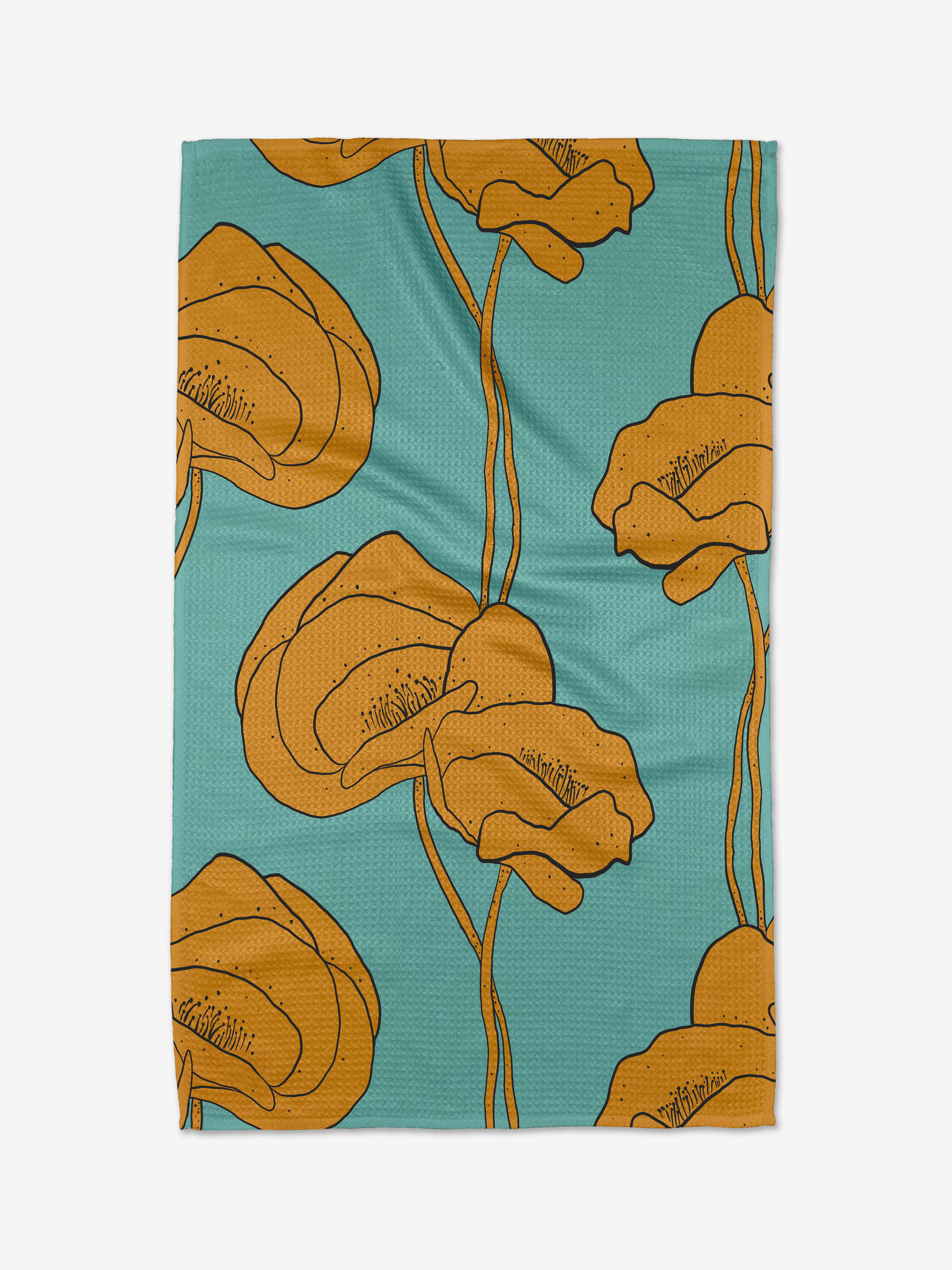 The Bold Peonies blanket by Julianne Haness features large, hand-drawn golden-yellow peonies with thin stems on a teal blue background. Crafted from recycled materials, it showcases a graphic, artistic design.