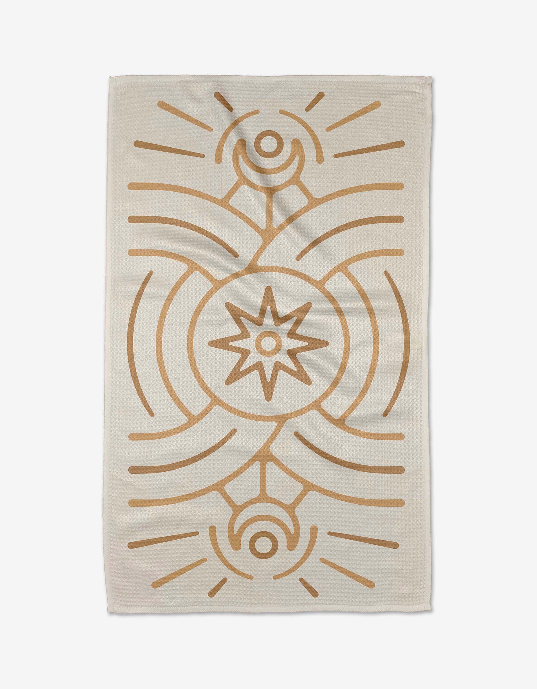 The Lunar rug by Adam Nienow is beige and rectangular, featuring a bold light brown abstract design with a central starburst, radiating lines, and repeating patterns—crafted from recycled materials.