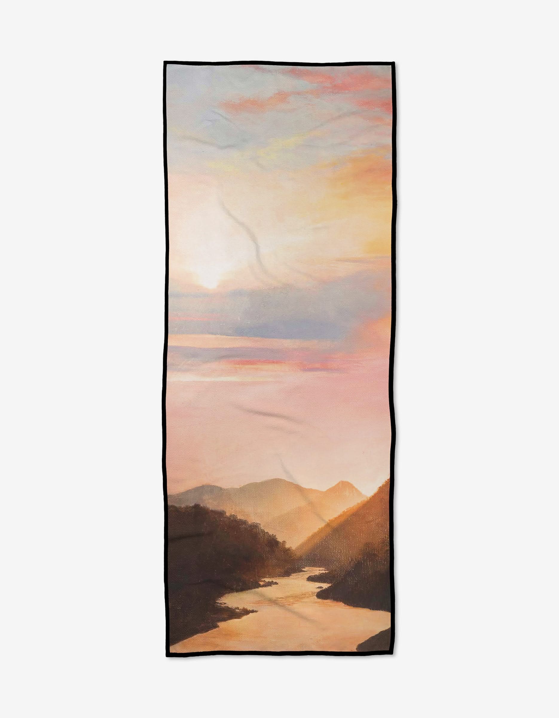 The Her Majesty yoga towel by Stefanie Bales features a scenic landscape with a winding river, rolling hills, and a sunset sky—crafted from recycled materials for eco-friendly style.