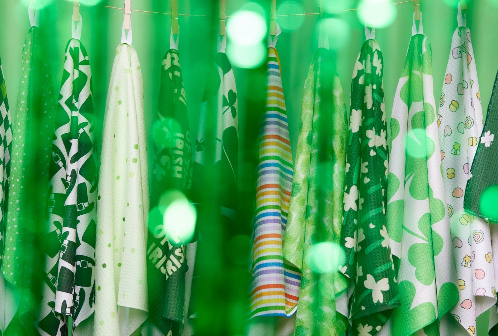 A row of towels with green St. Patrick’s Day-themed patterns, shamrocks, and rainbows hang on hooks, seen through green bokeh lights.