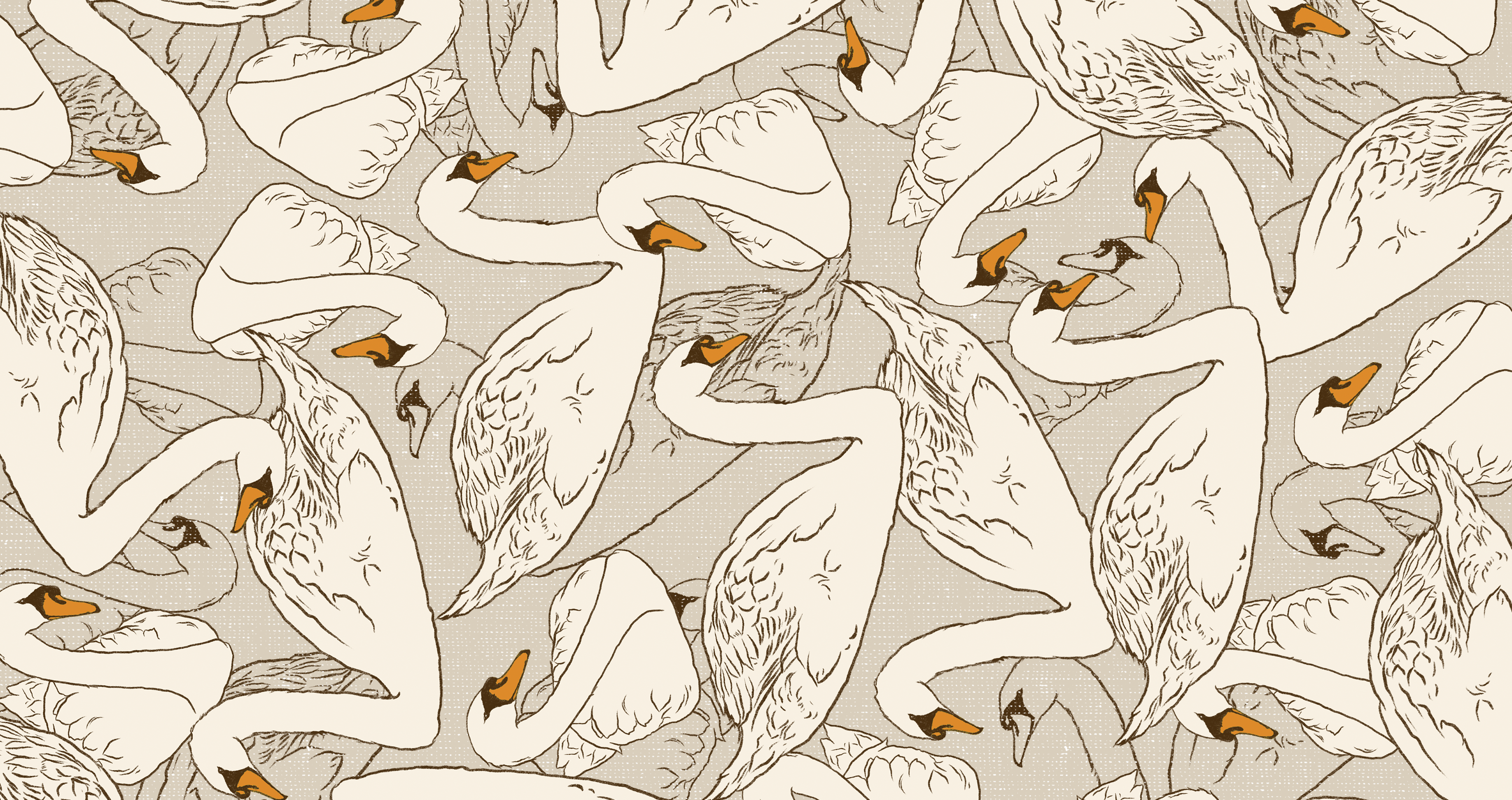 A seamless pattern of stylized white swans with orange beaks, overlapping and facing various directions on a textured beige background.