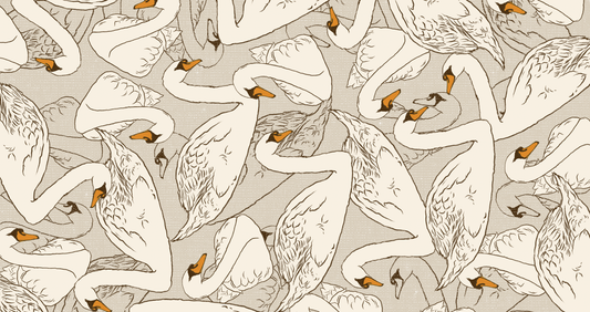 A seamless pattern of stylized white swans with orange beaks, overlapping and facing various directions on a textured beige background.