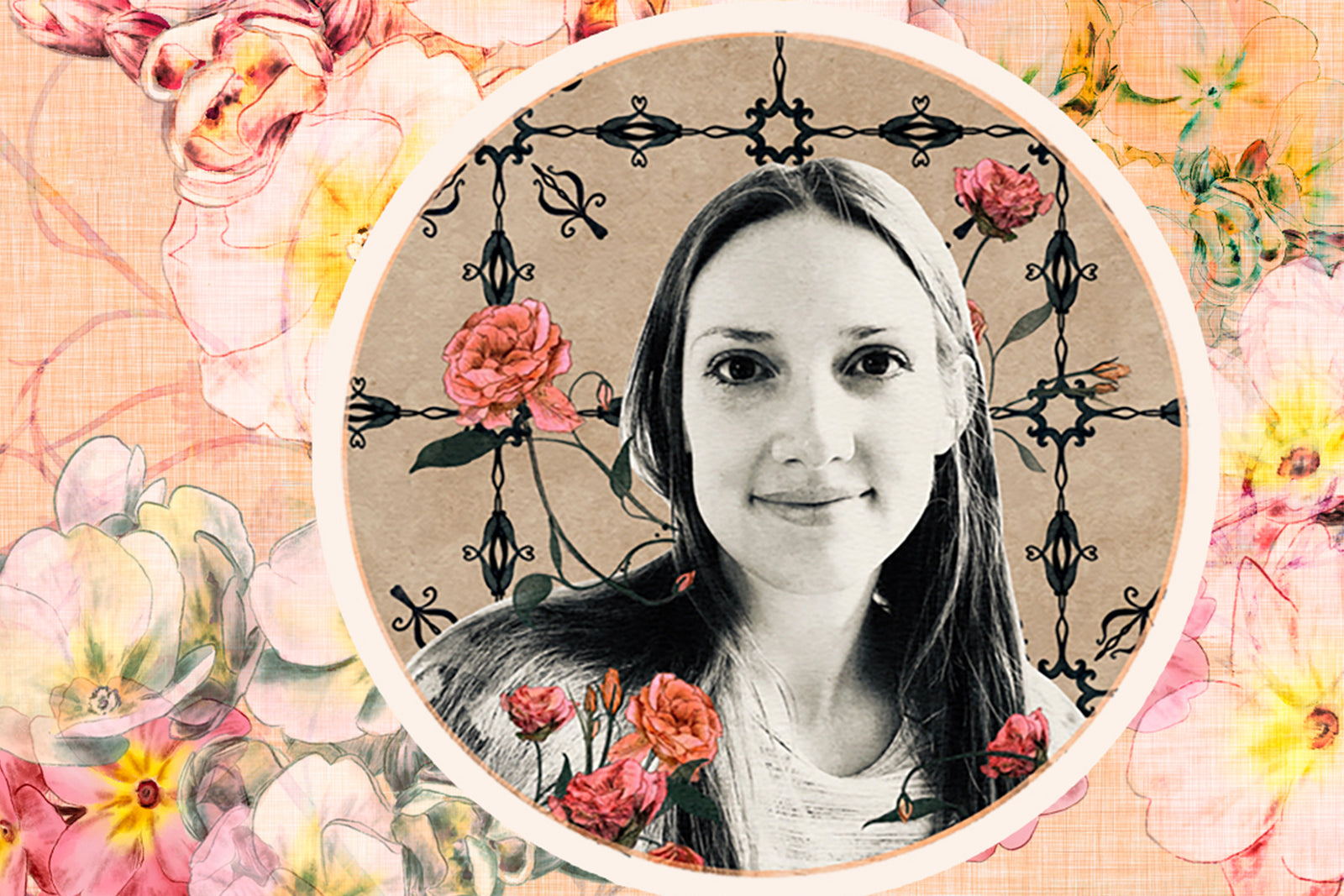 A black-and-white portrait of a woman is centered in a circle, surrounded by pink flowers and floral artwork with a decorative background pattern.