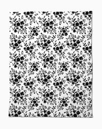 Botanical Silhouettes Charcoal by Danelys Sidron is a white fabric with repeating black floral clusters and leaves in a classic, elegant design, made from recycled materials for an eco-friendly touch.