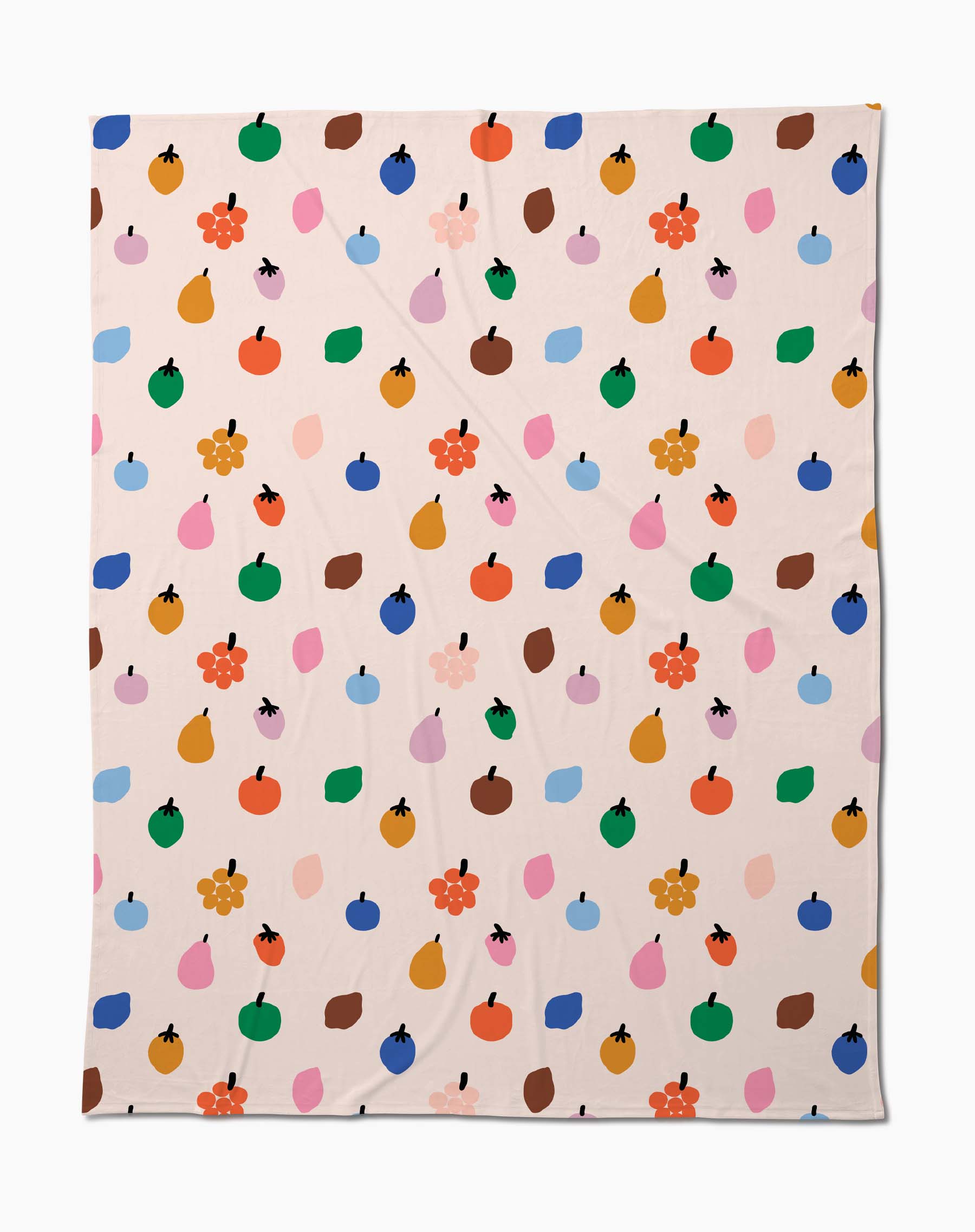 The Fruit Basket Butter Blanket by Jennifer Bouron is a beige, eco-friendly throw made from recycled materials, featuring a playful mix of fruit shapes, blobs, and flowers in vibrant colors.