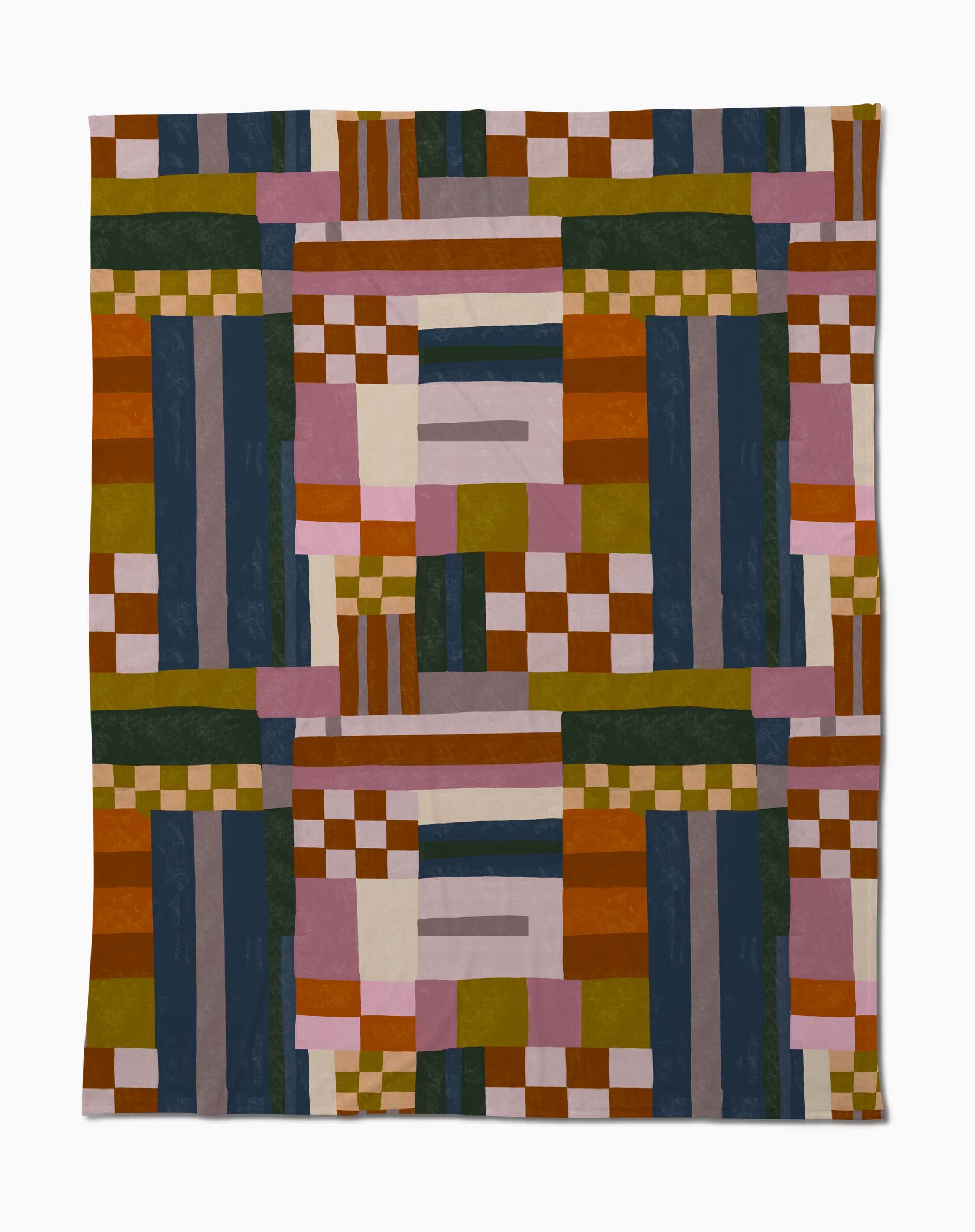 The Lisa Nelson Heirloom Quilt features a soft geometric patchwork of rectangles, squares, and stripes in pink, green, orange, blue, and brown—perfect for adding modern style to your space.