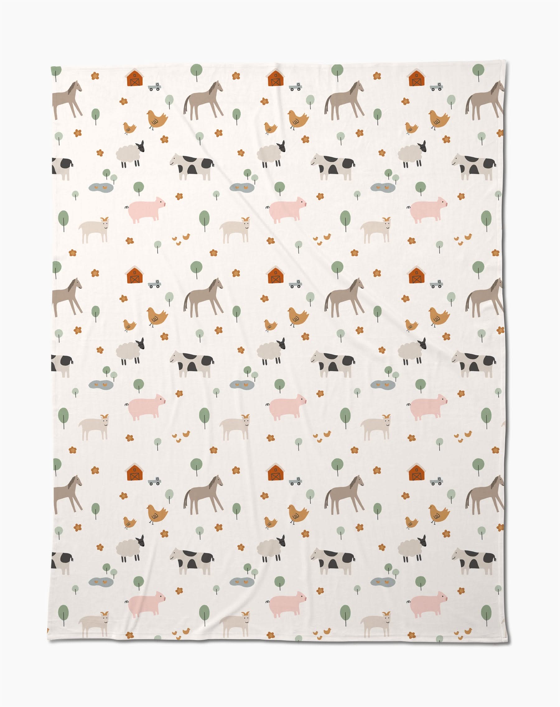 The Coit Creative Light Farm Animals blanket showcases a charming pattern of farm animals, trees, flowers, and barns on a white background. Made from eco-friendly recycled materials, its a cozy and conscious addition to your home.