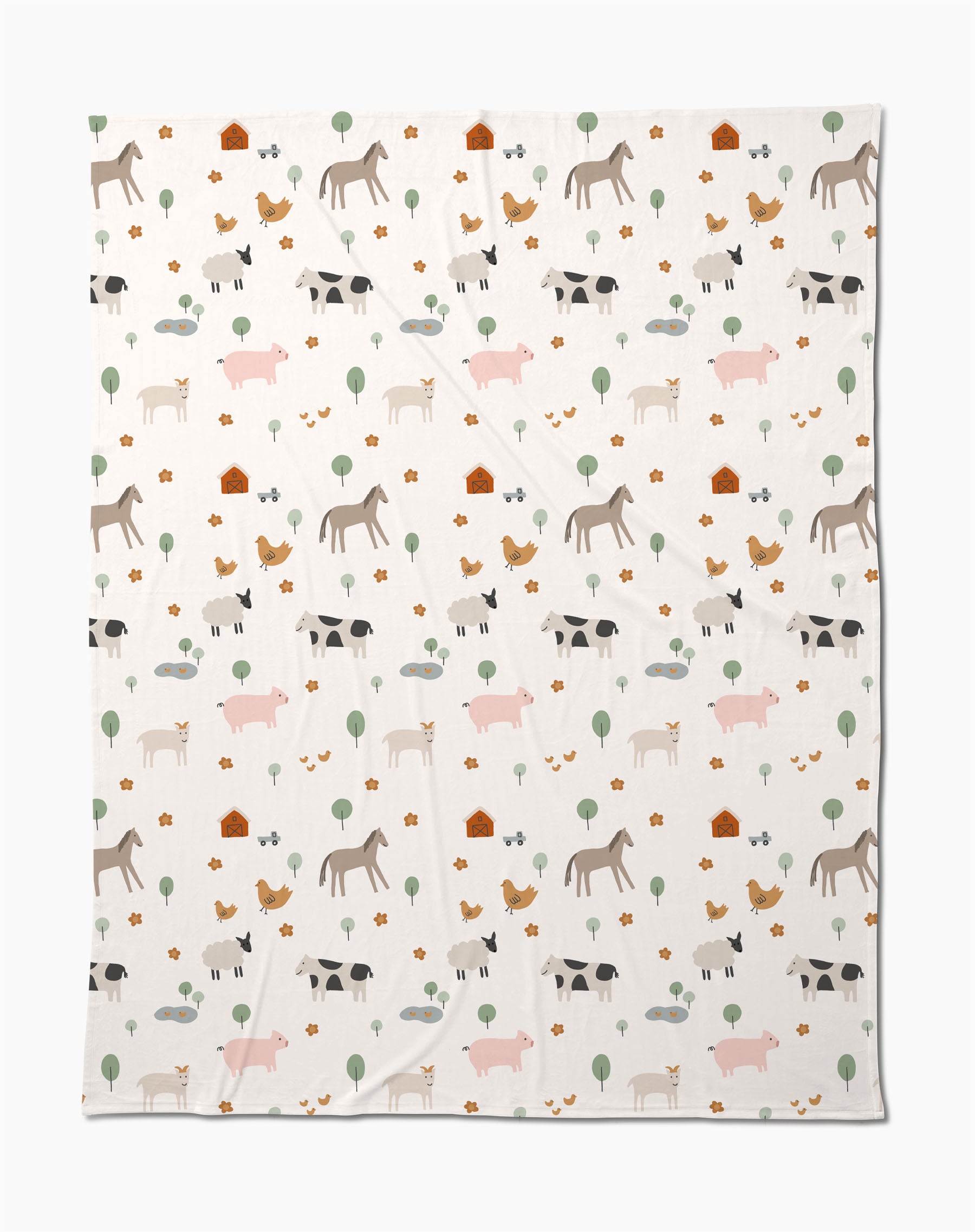 The Coit Creative Light Farm Animals blanket showcases a charming pattern of farm animals, trees, flowers, and barns on a white background. Made from eco-friendly recycled materials, its a cozy and conscious addition to your home.