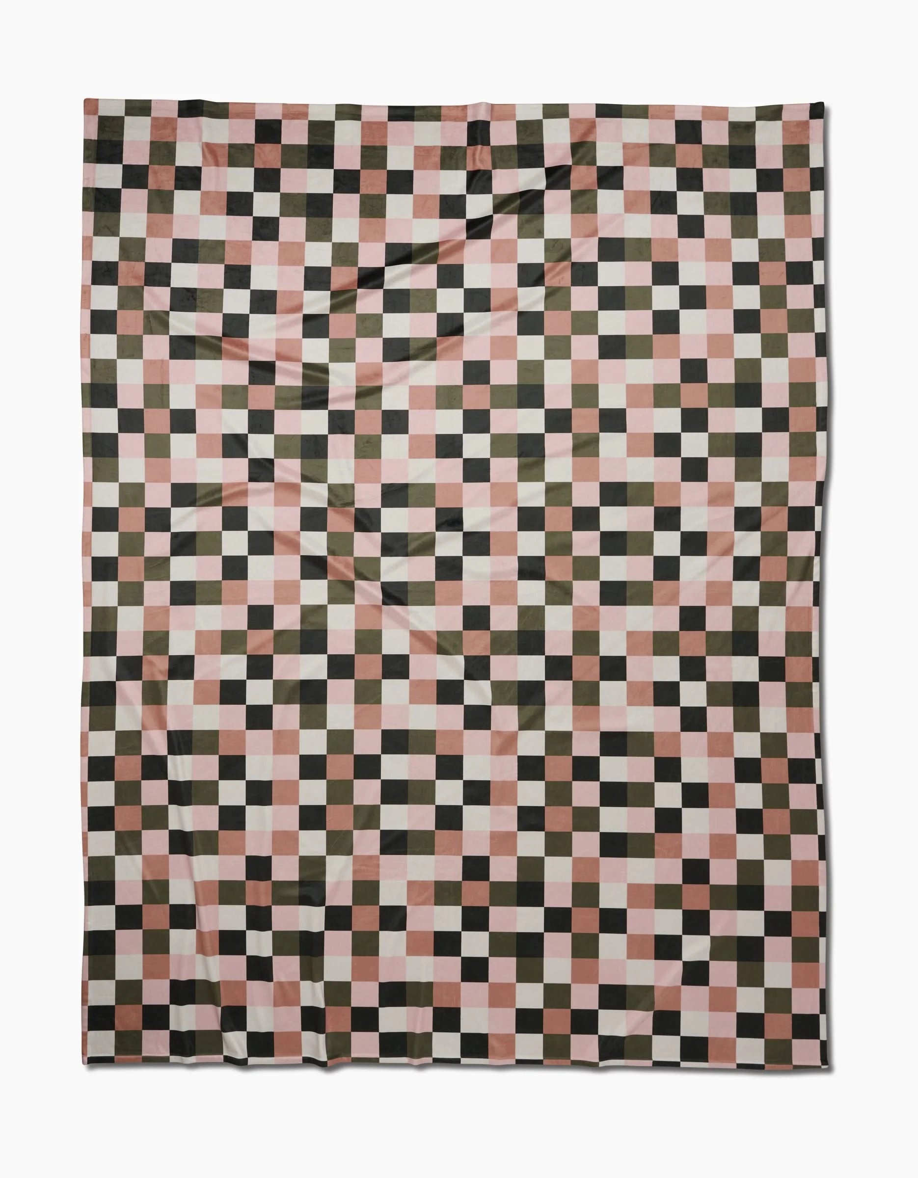 The Luxora by Geometry is an eco-friendly blanket with a checkered pattern in black, olive green, pink, and white squares, laid flat on a white background and made from recycled materials.