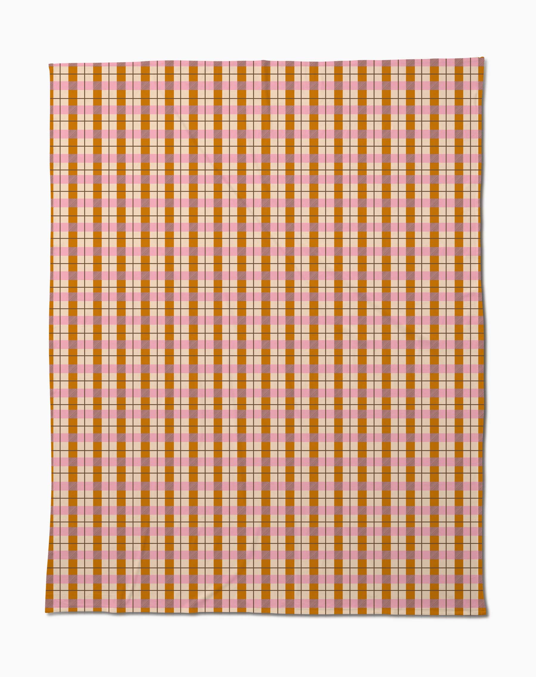 The Megan Roy Maple Plaid throw blanket features a soft texture and a colorful checkerboard of red, orange, pink, and white stripes. Shown here laid flat on a white background.