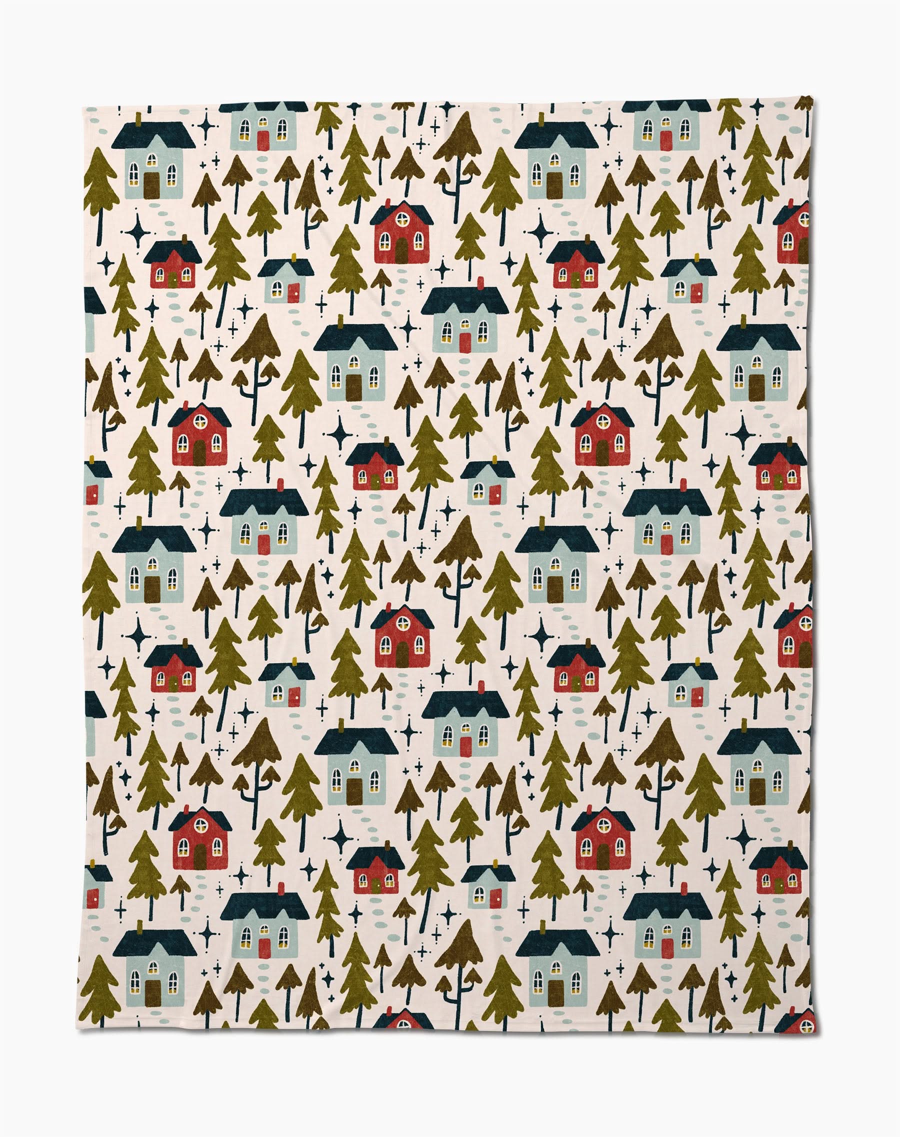 Nico Light by Amy MacCready is a whimsical fabric featuring small red and blue houses, green pine trees, and beige tents on a light background. Made from recycled materials, it captures the charm of an outdoor village.