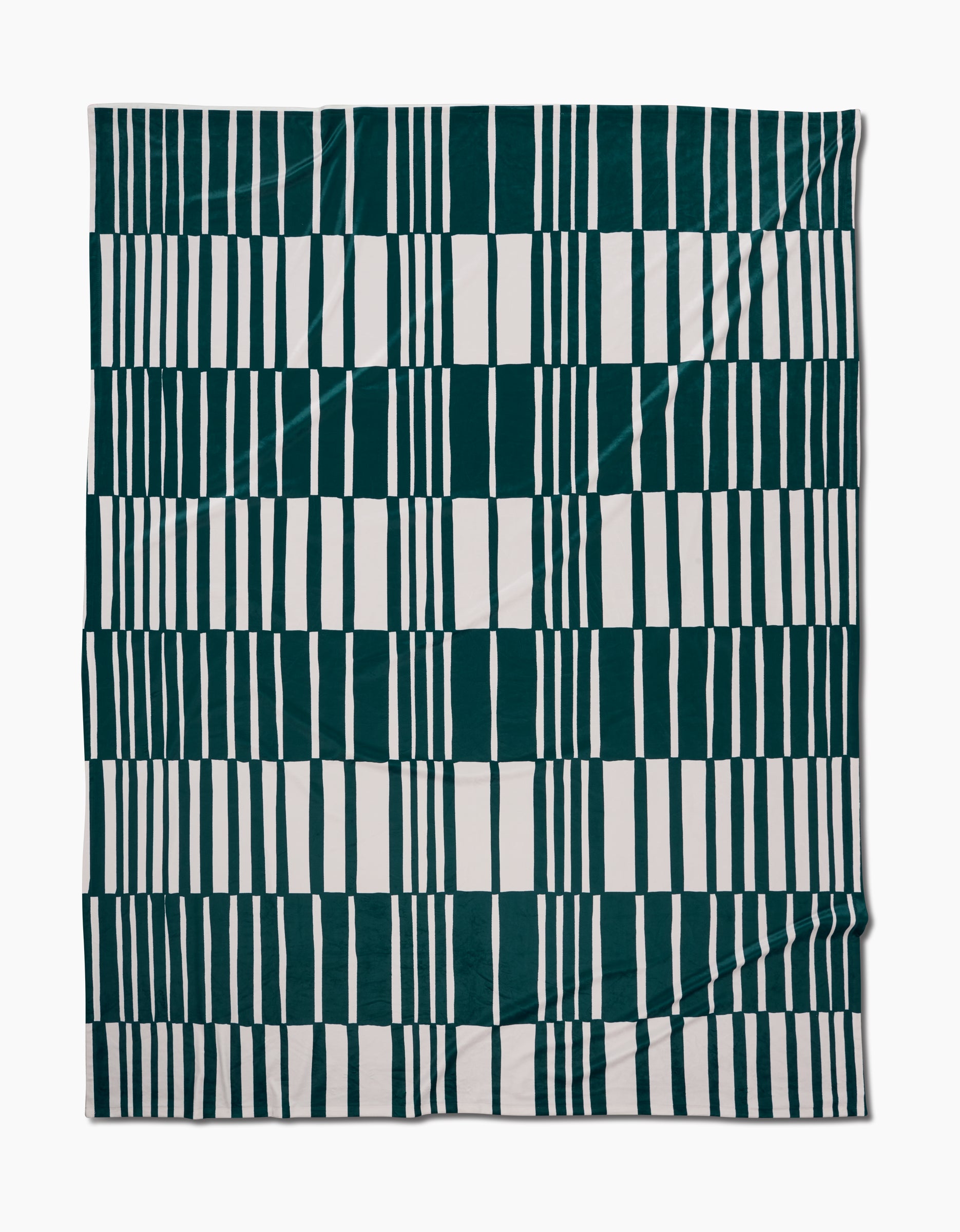 The Verdelia by Geometry is a rectangular textile featuring dark green and white stripes in a geometric grid design on a flat, slightly wrinkled surface, crafted from recycled materials for sustainability.