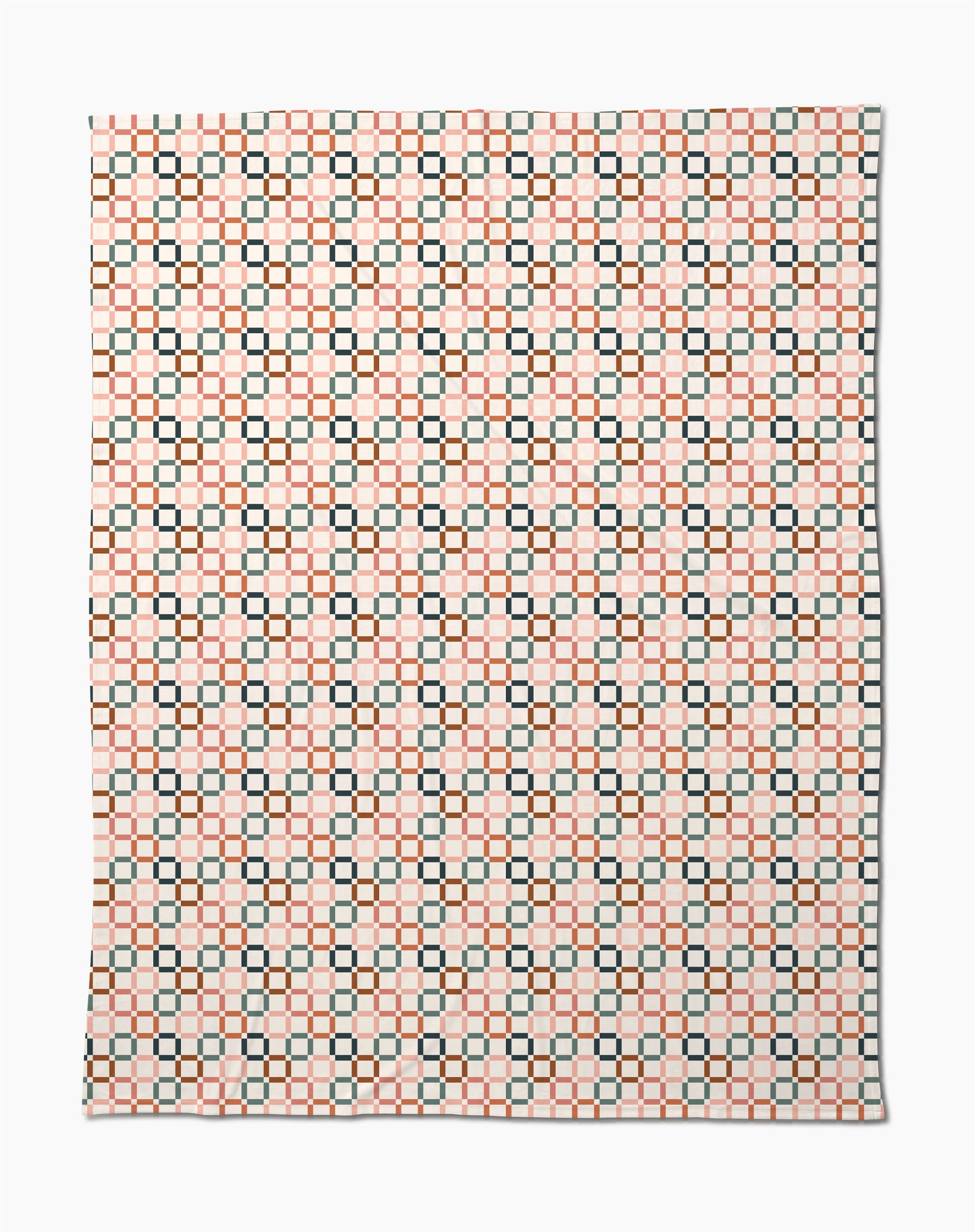 The Russet Crossroads Butter Blanket by Charlie Rowan Designs features a symmetrical geometric pattern of black squares and orange lines on white, crafted from recycled materials for an eco-friendly, stylish look.