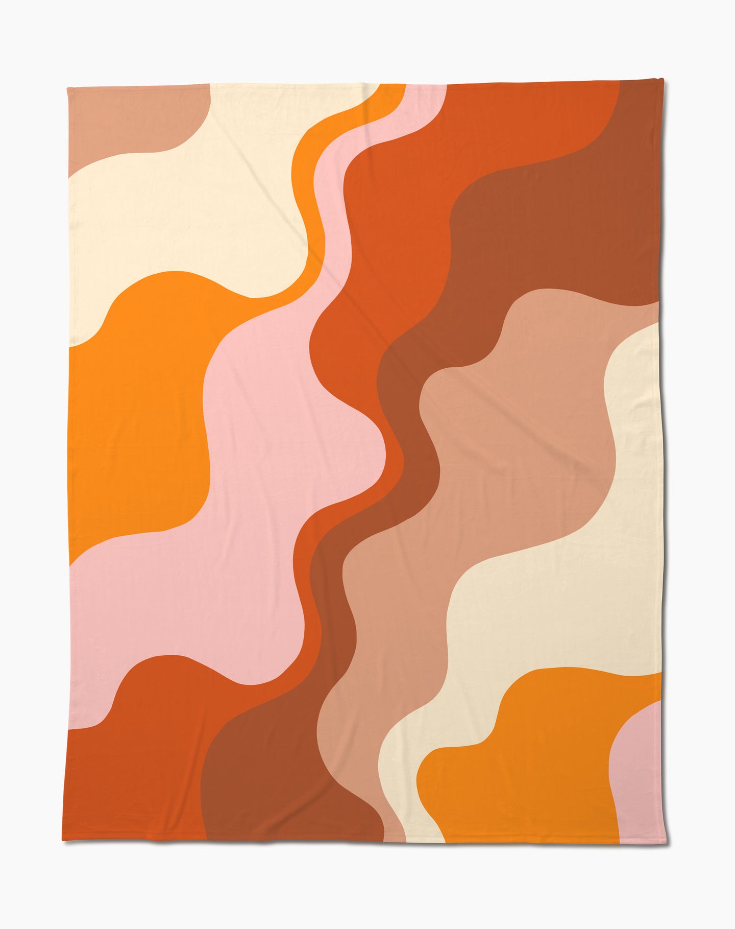 The Geometry Sunset Waves throw blanket features a retro design with wavy, organic shapes in warm orange, brown, cream, and light pink tones for an ultra-soft, stylish touch.