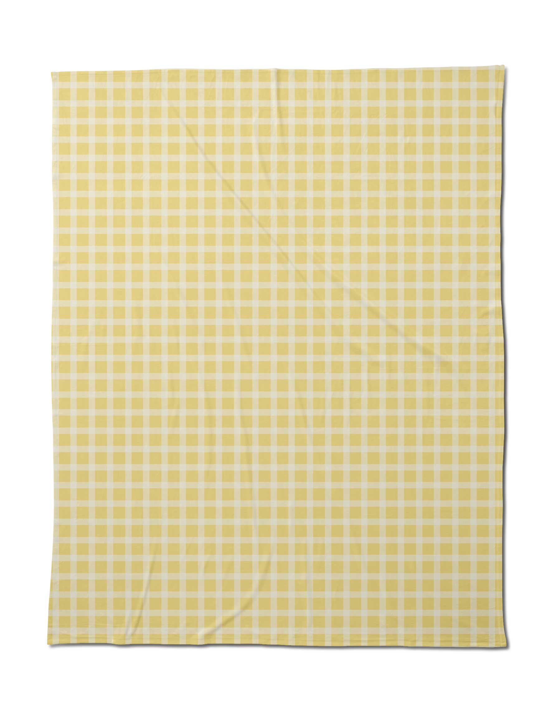 The Geometry Sunspread is a rectangular blanket with a yellow and white gingham check pattern, laid flat with subtle creases, providing silky softness for cozy comfort.