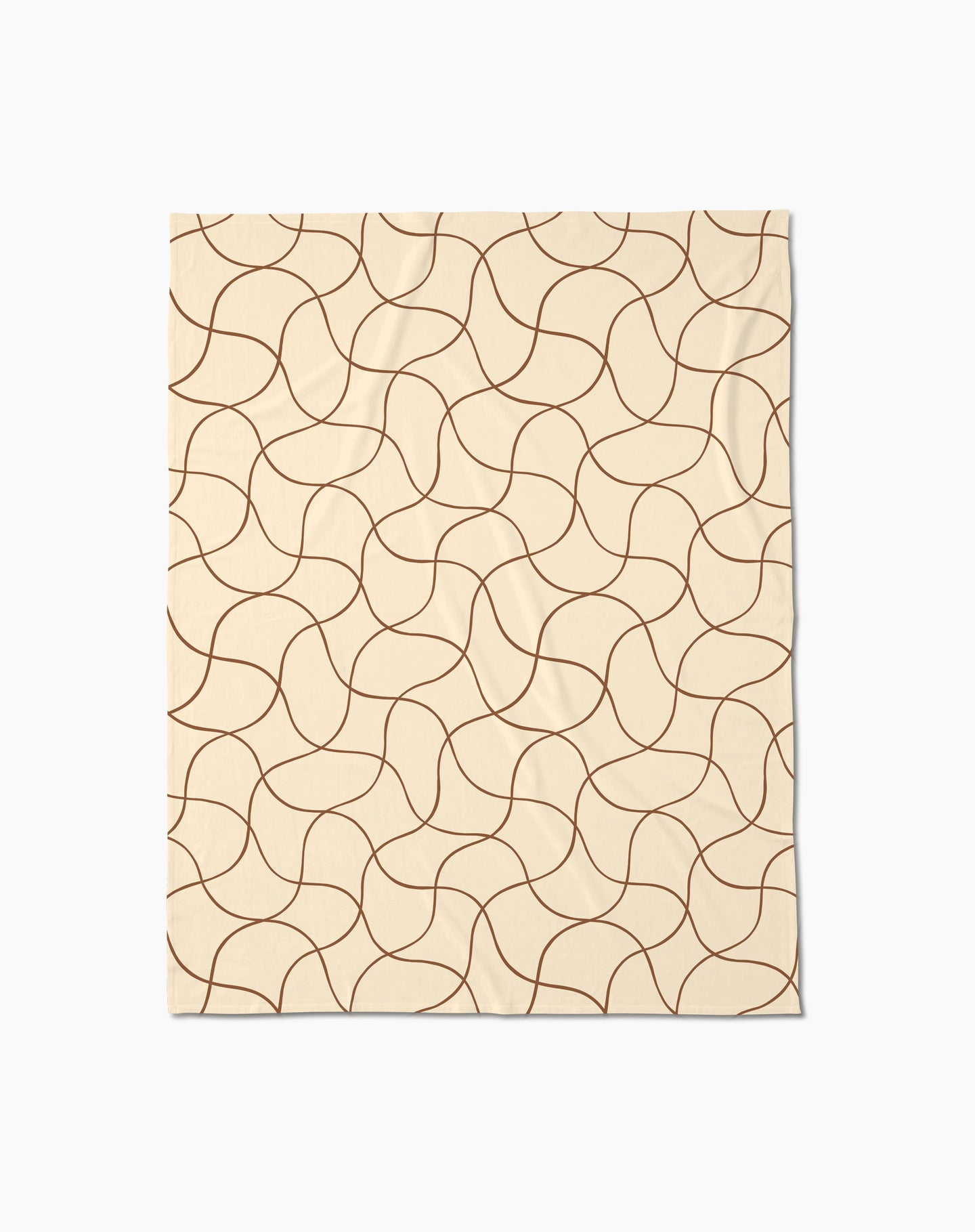 The Geometry Clarity throw blanket is beige and rectangular, featuring a soft texture with an abstract pattern of curving brown lines that form a repeating, interconnected design across the surface.