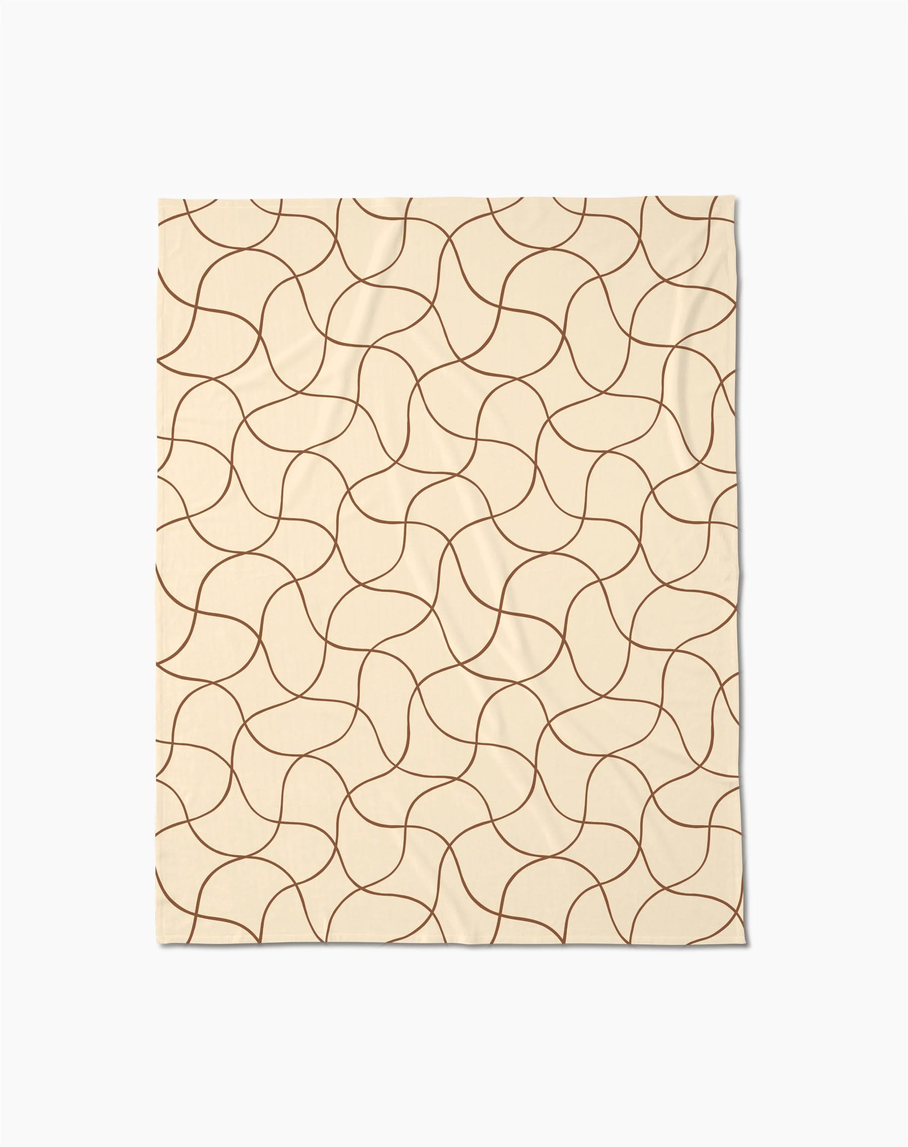 The Geometry Clarity throw blanket is beige and rectangular, featuring a soft texture with an abstract pattern of curving brown lines that form a repeating, interconnected design across the surface.