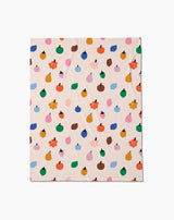 The Fruit Basket Butter Blanket by Jennifer Bouron features colorful, abstract fruit and flower shapes in blue, green, orange, pink, brown, and red on a light beige background—an eco-friendly choice.