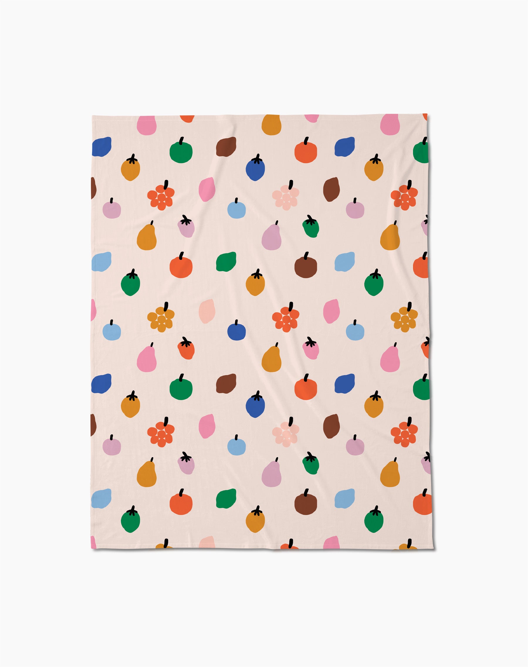 The Fruit Basket Butter Blanket by Jennifer Bouron features colorful, abstract fruit and flower shapes in blue, green, orange, pink, brown, and red on a light beige background—an eco-friendly choice.