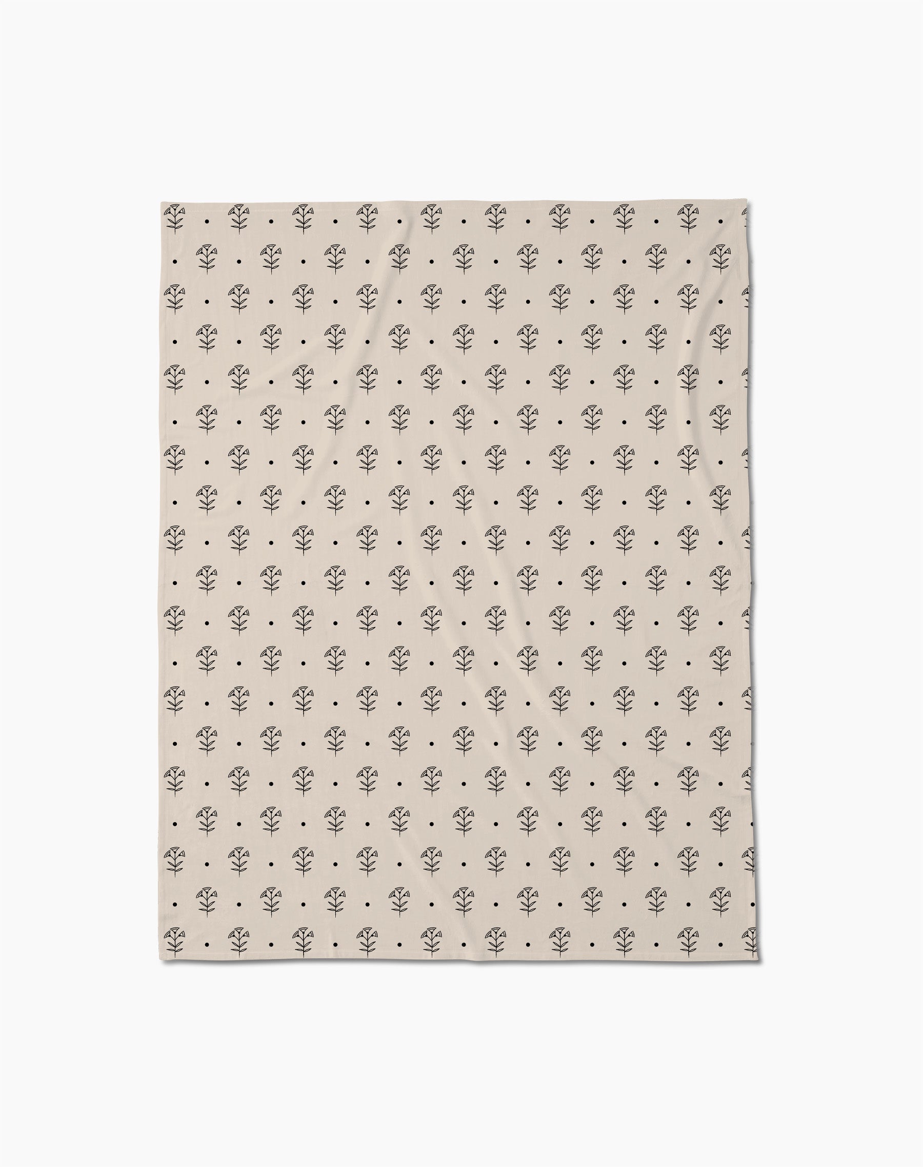 Inked Bloom by Cole Strem is a beige Butter Blanket with a repeating pattern of small, simple black tree illustrations, crafted from eco-friendly recycled materials.