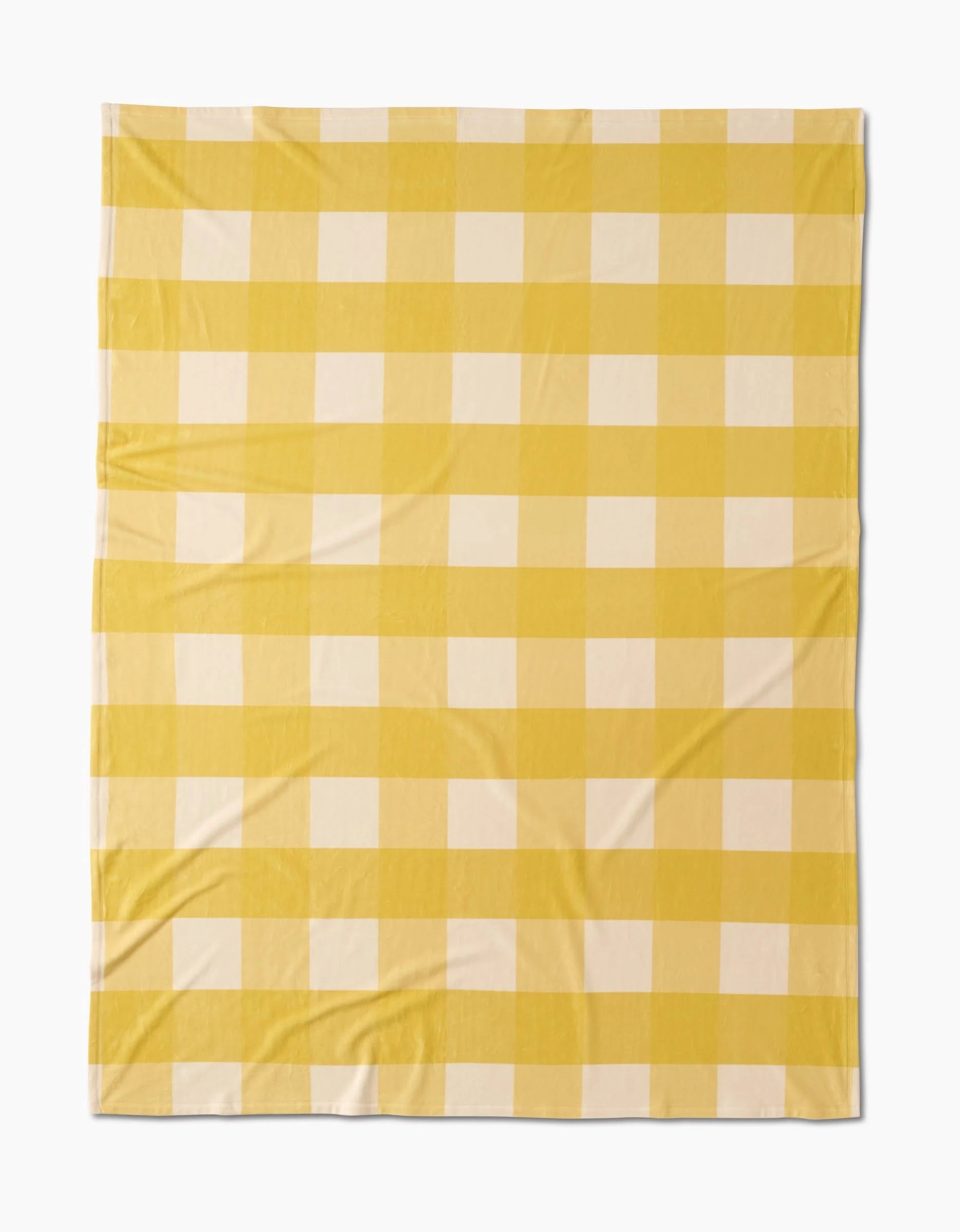 The Geometry Lemonade Gingham Butter Blanket, a large square eco-friendly throw with a yellow and white gingham pattern, is laid flat on a white background. Crafted for comfort and sustainability.