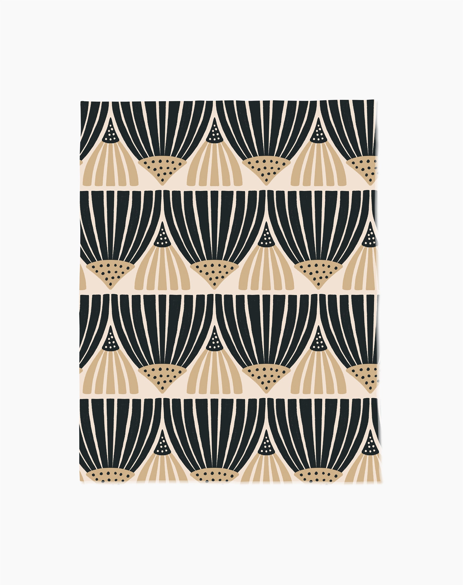 Letitia Dark by Amy MacCready features a repeating geometric pattern with black and beige fan-shaped designs on white in horizontal rows. Made from eco-friendly materials, it beautifully blends style with sustainability.