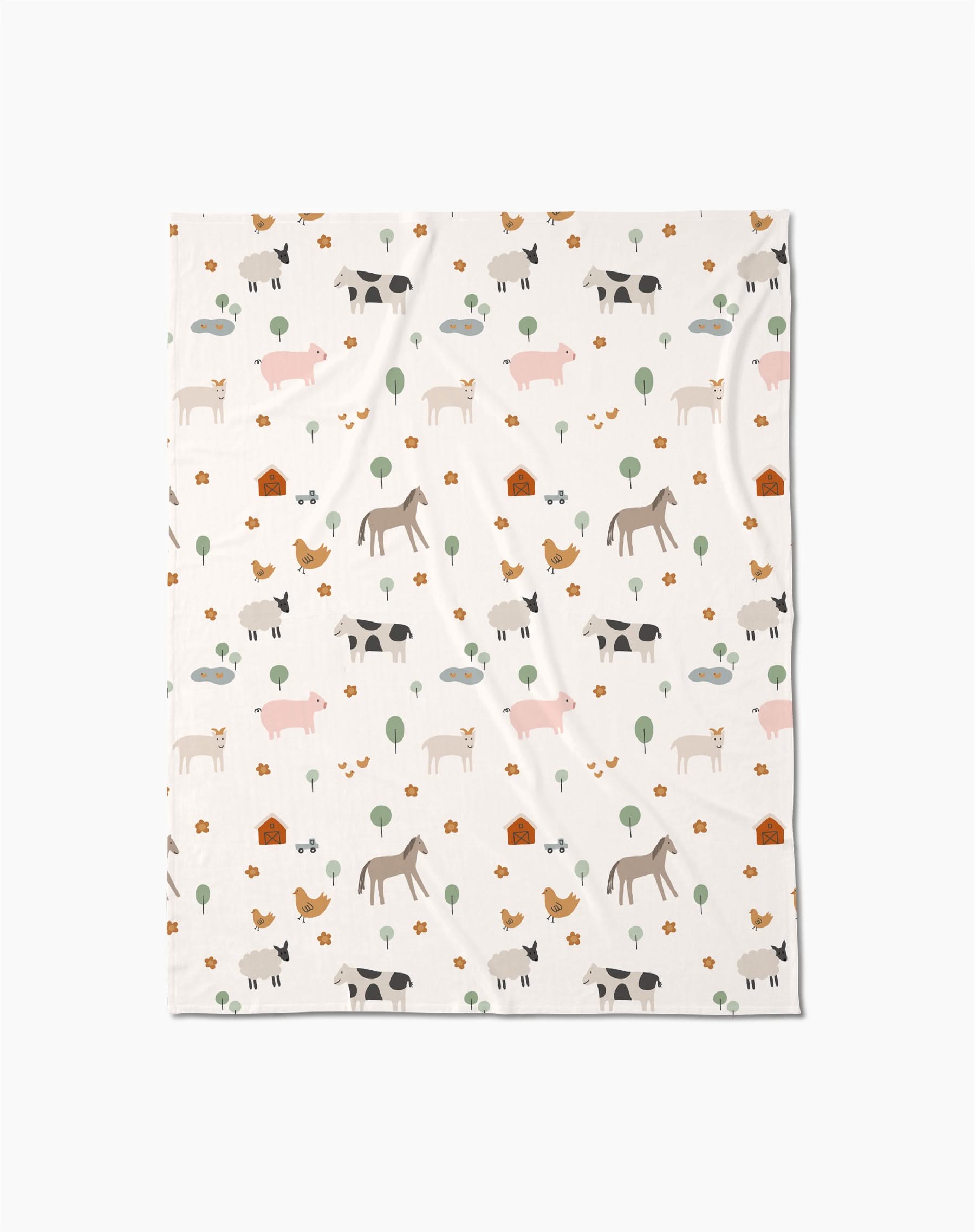 The Light Farm Animals Butter Blanket by Coit Creative is made from eco-friendly recycled materials and features soft pastel cows, pigs, horses, chickens, trees, and barns in a charming repeating pattern.