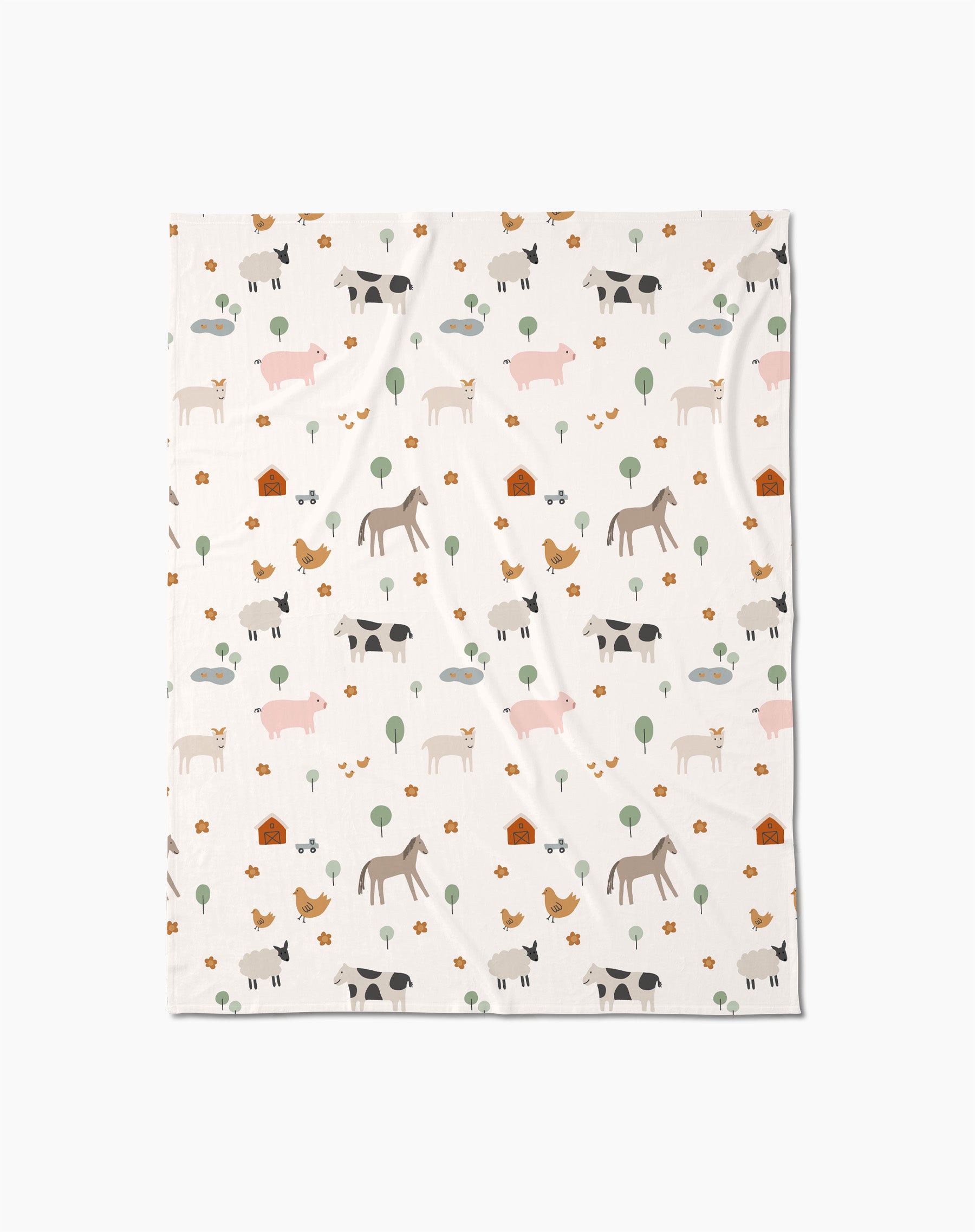 The Light Farm Animals Butter Blanket by Coit Creative is made from eco-friendly recycled materials and features soft pastel cows, pigs, horses, chickens, trees, and barns in a charming repeating pattern.