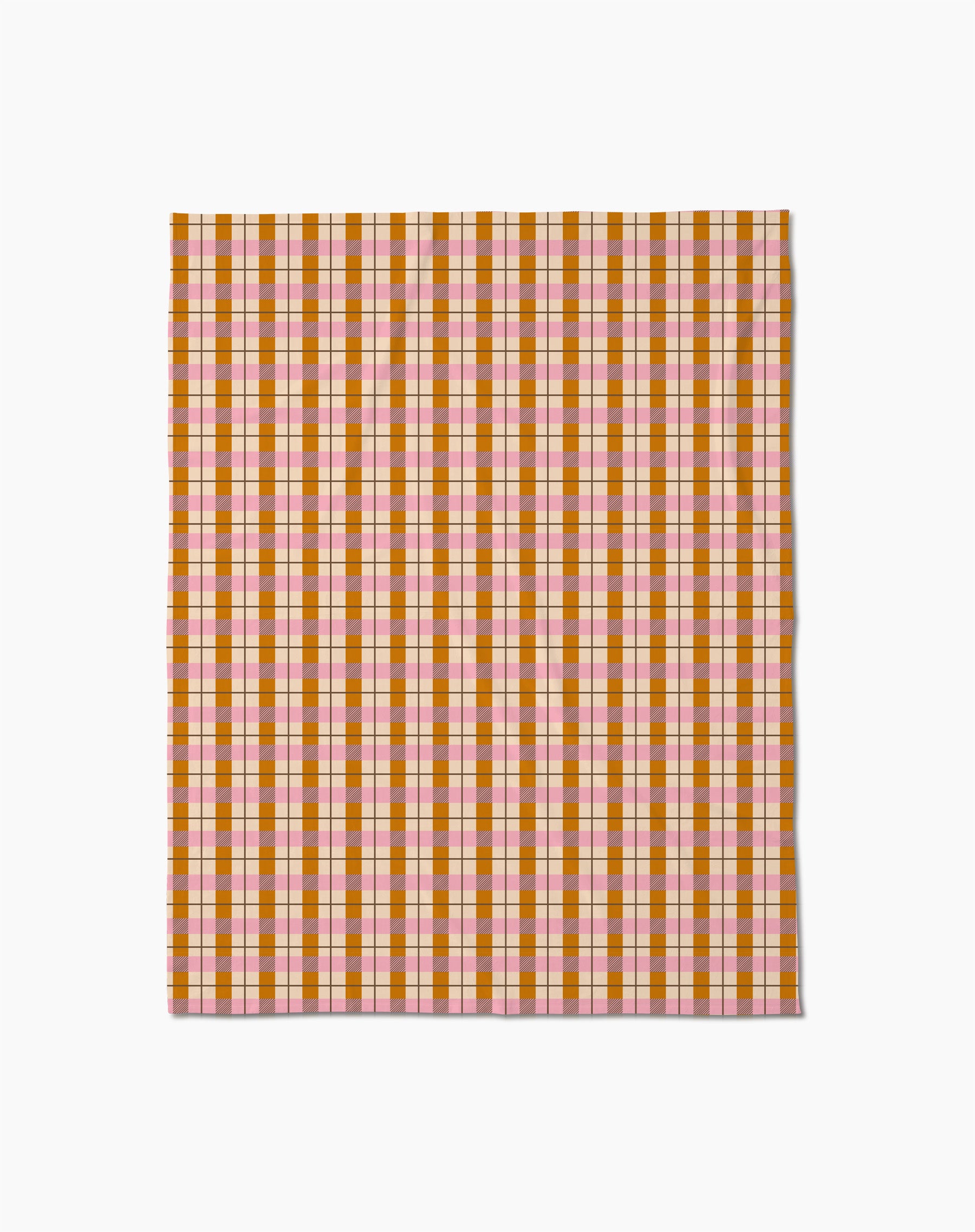 The Megan Roy Maple Plaid throw blanket features a soft feel and a plaid pattern with pink, orange, red, and yellow stripes on a white background.