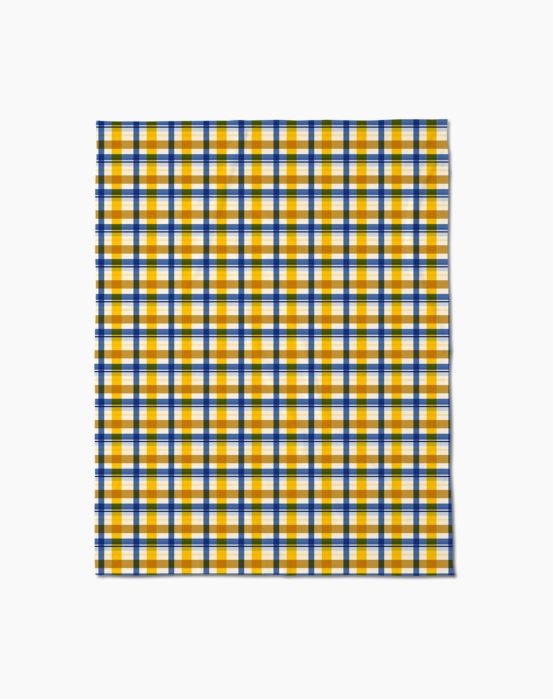 The Geometry Nochut is a rectangular Butter Blanket with a plaid pattern of blue, yellow, brown, and white lines on a white background—ideal as a soft and cozy throw blanket.