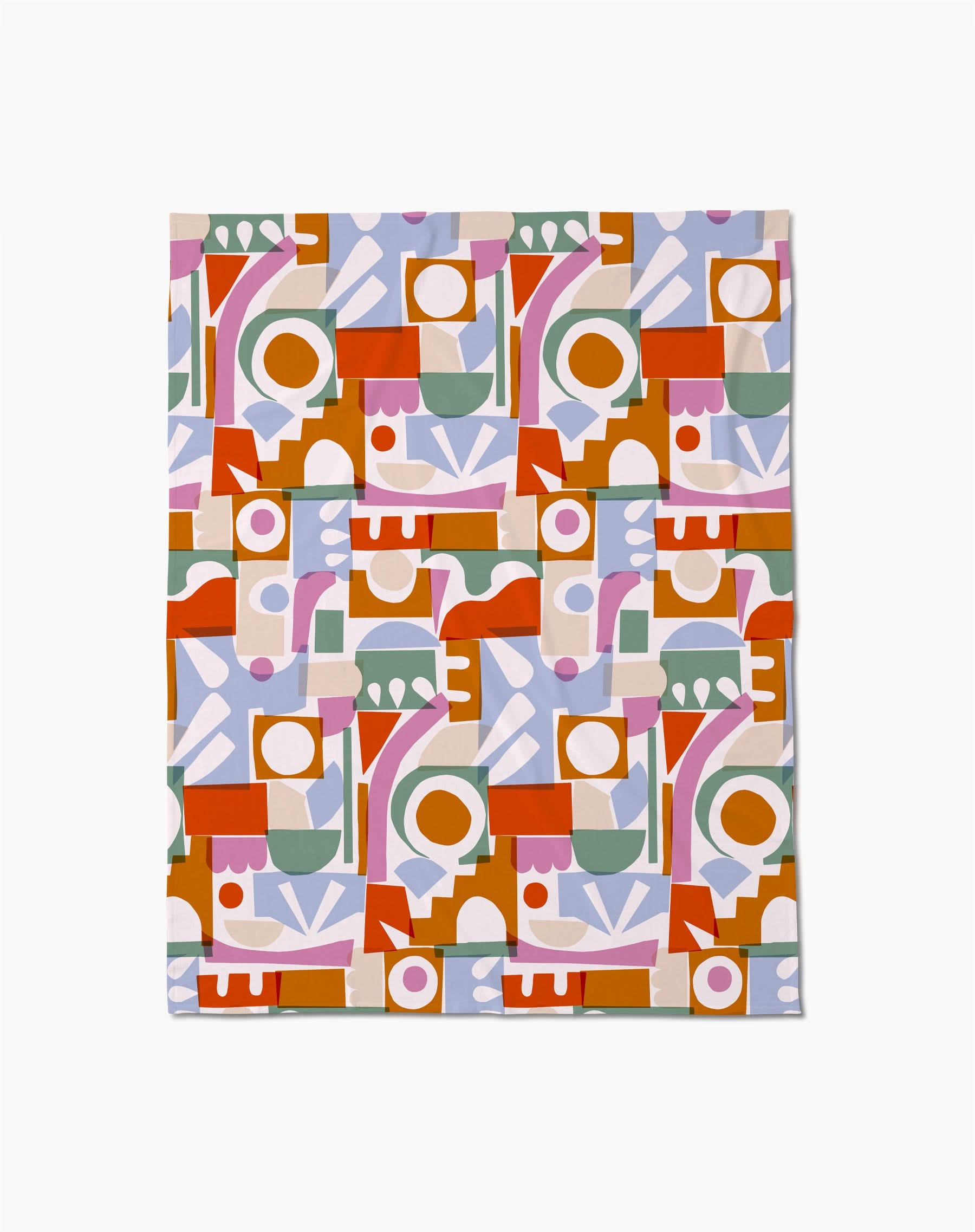 The Soft Cutouts Garden blanket by Claire Iglesias is a rectangular throw made from recycled materials, showcasing an abstract geometric pattern in orange, red, green, white, yellow, lavender, and pink on a white background.