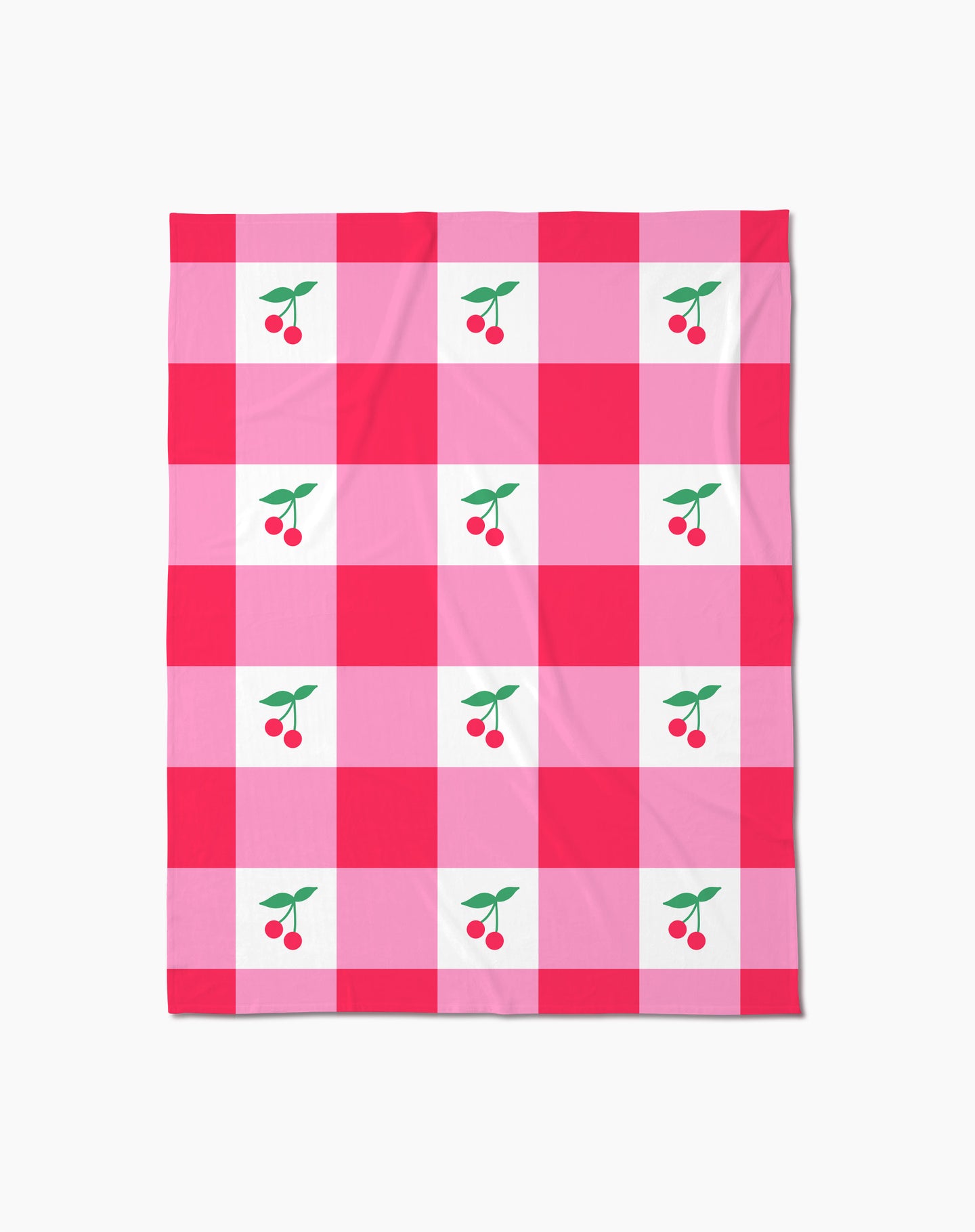 The Geometry Sweet Cherry Gingham throw blanket features a pink and red checkered pattern with white squares, each adorned with two red cherries and green leaves—adding cozy, cheerful comfort to any space.