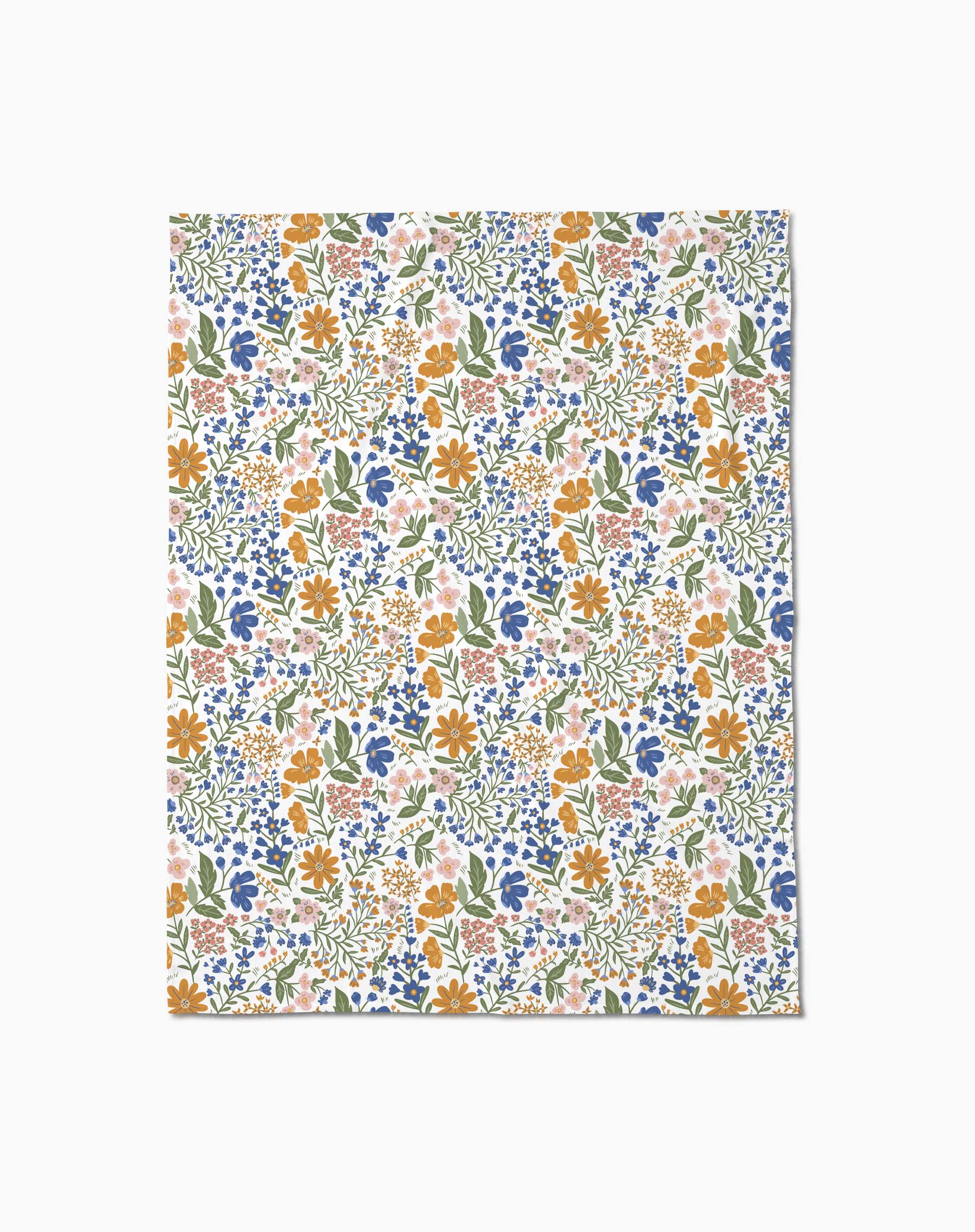 Wildflower Vine Blush by Danelys Sidron: a flat sheet of paper with a colorful floral pattern—orange, blue, and pink flowers with green leaves on white—densely arranged and inspired by the silky softness of Butter Blankets.