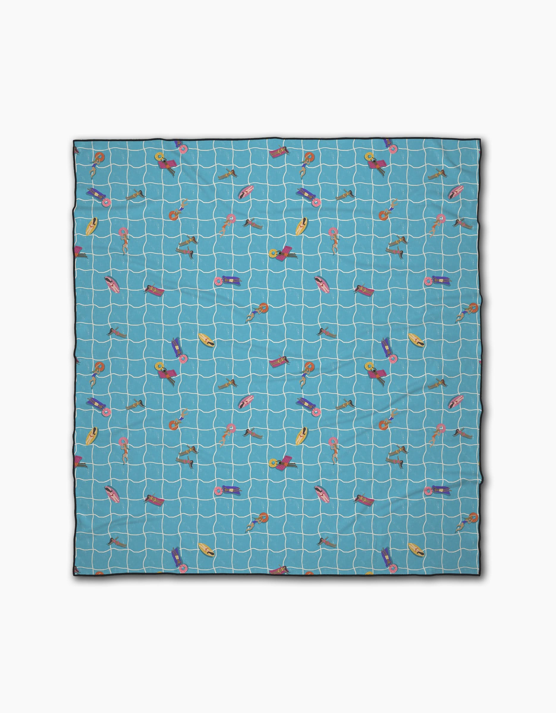 The At The Pool beach blanket by Geometry features a swimming pool tile pattern with people relaxing, swimming, and floating seen from above. Quick-drying and made from recycled materials for eco-friendly fun.