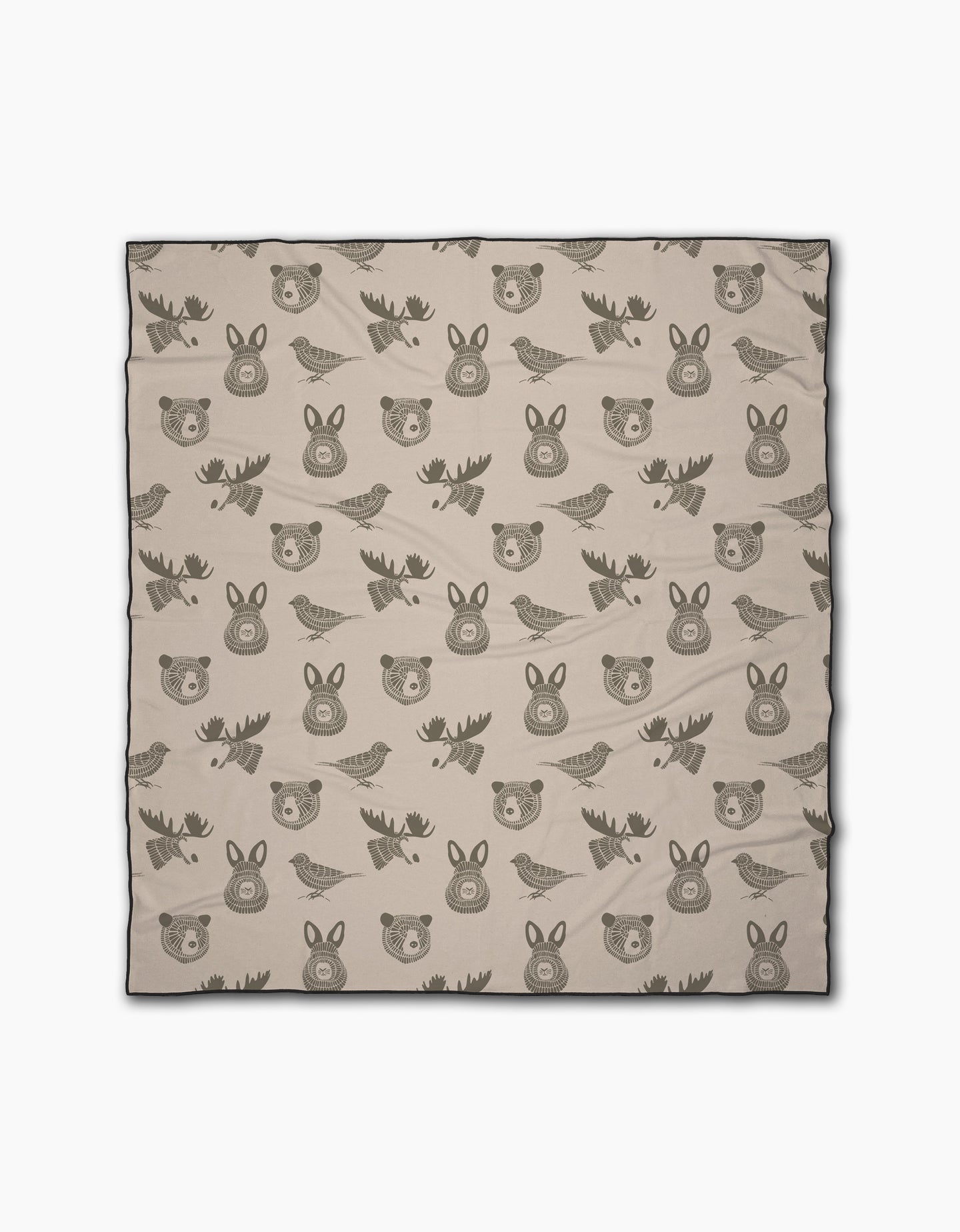 Forest Animals by Rosa Kichline is a beige recycled beach blanket with cute cartoon-style faces of bears, moose, rabbits, and birds in dark brown outlines—perfect for outdoor adventures and eco-conscious comfort.