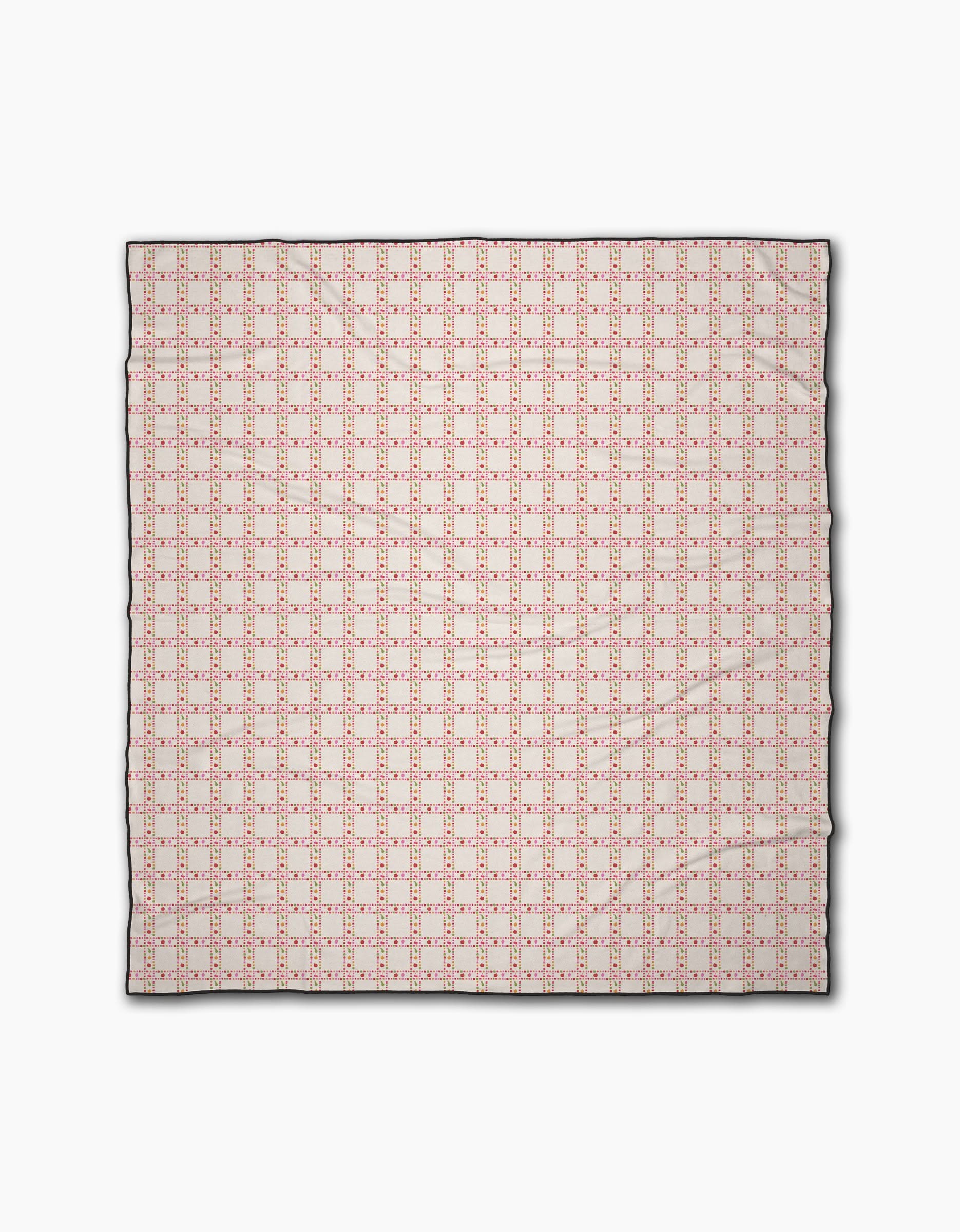 The Geometry Fruits Plaid is a square cloth beach blanket featuring a geometric pattern of small red squares and lines on a cream background with a thin black border. Its quick-drying design is evenly repeated across the entire surface.