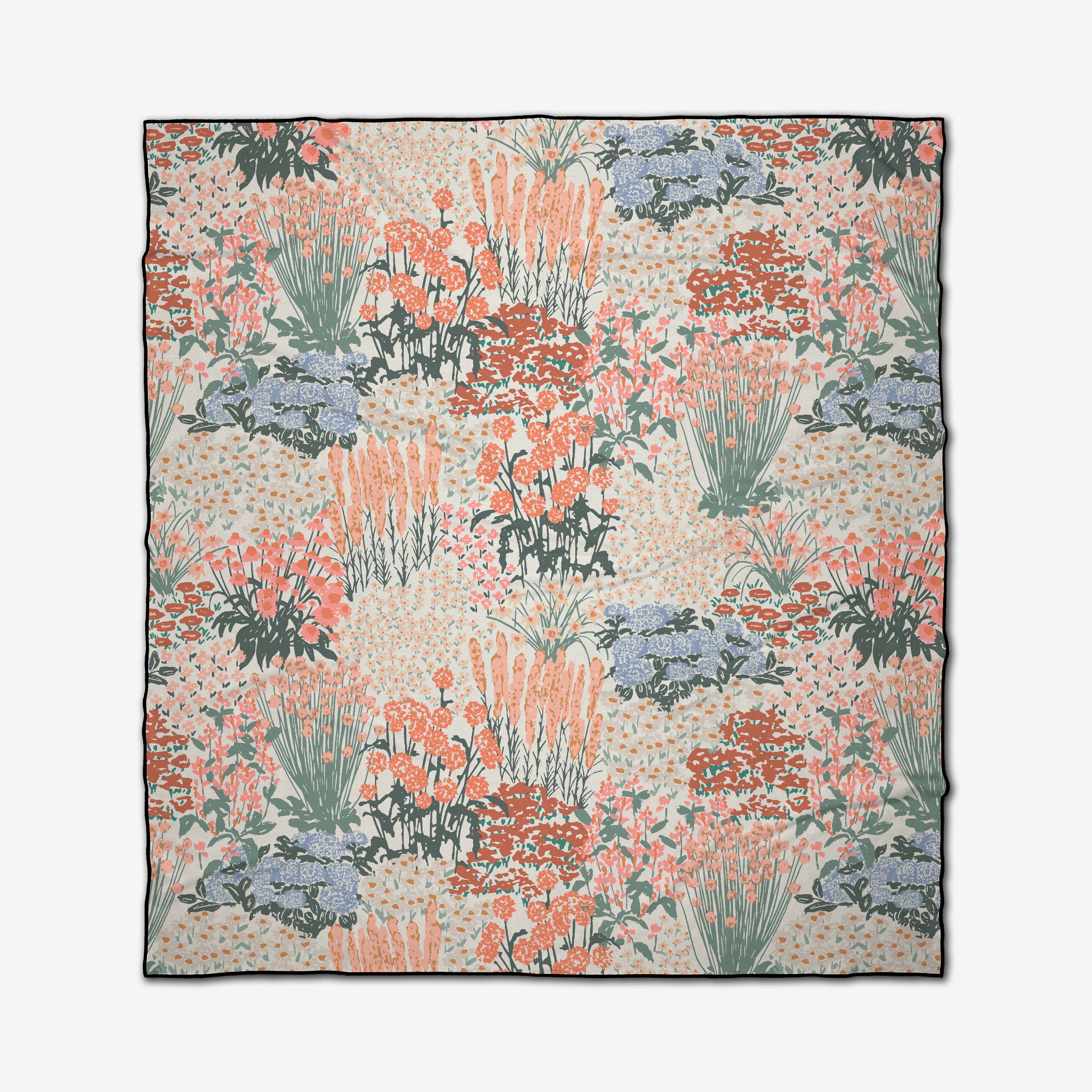 The Garden Bloom square scarf by Hufton Studio features a vintage-inspired floral pattern in soft orange, green, blue, and cream, evoking the charm of a recycled beach blanket with its clusters of flowers and grasses.